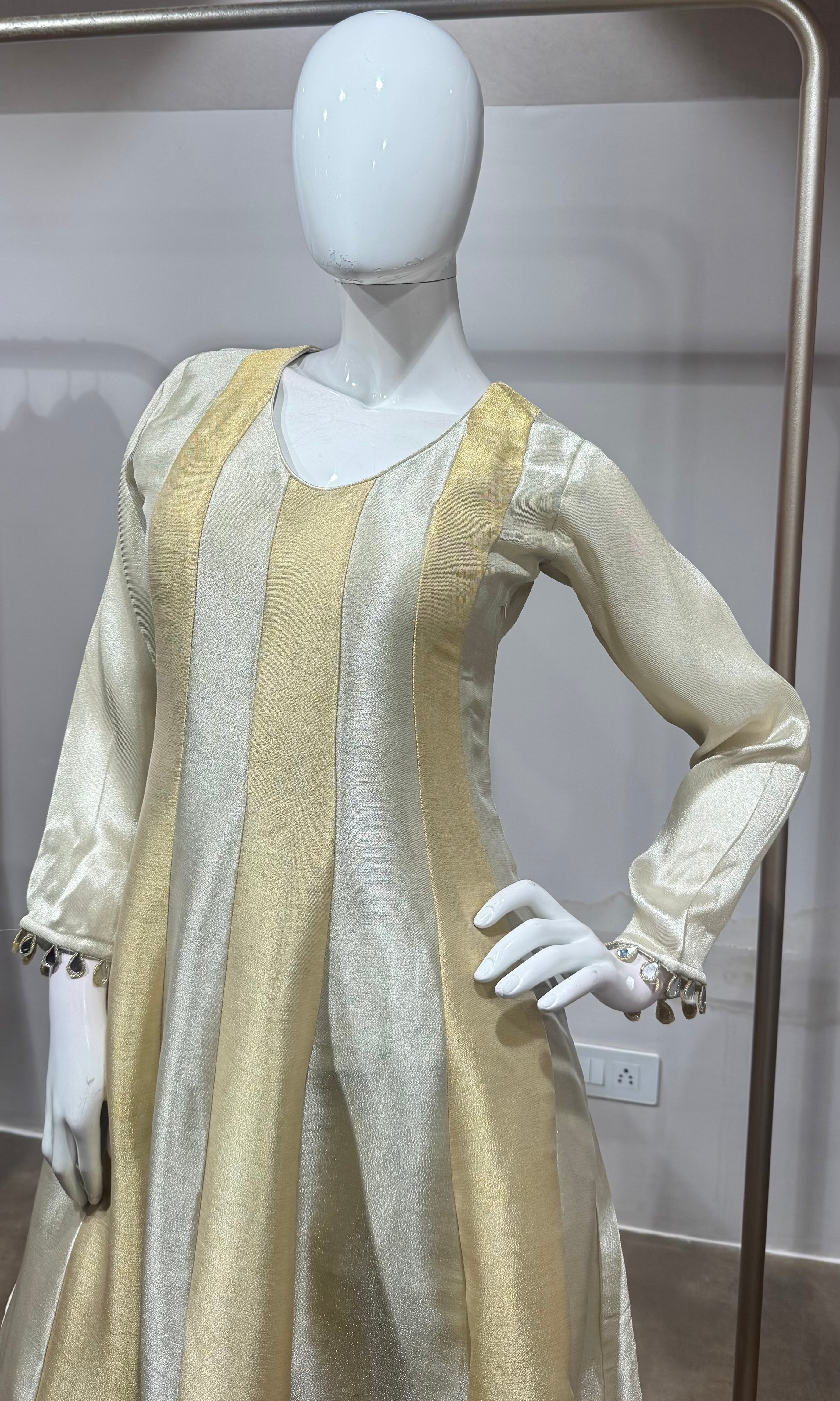 Cream golden tissue anarkali set