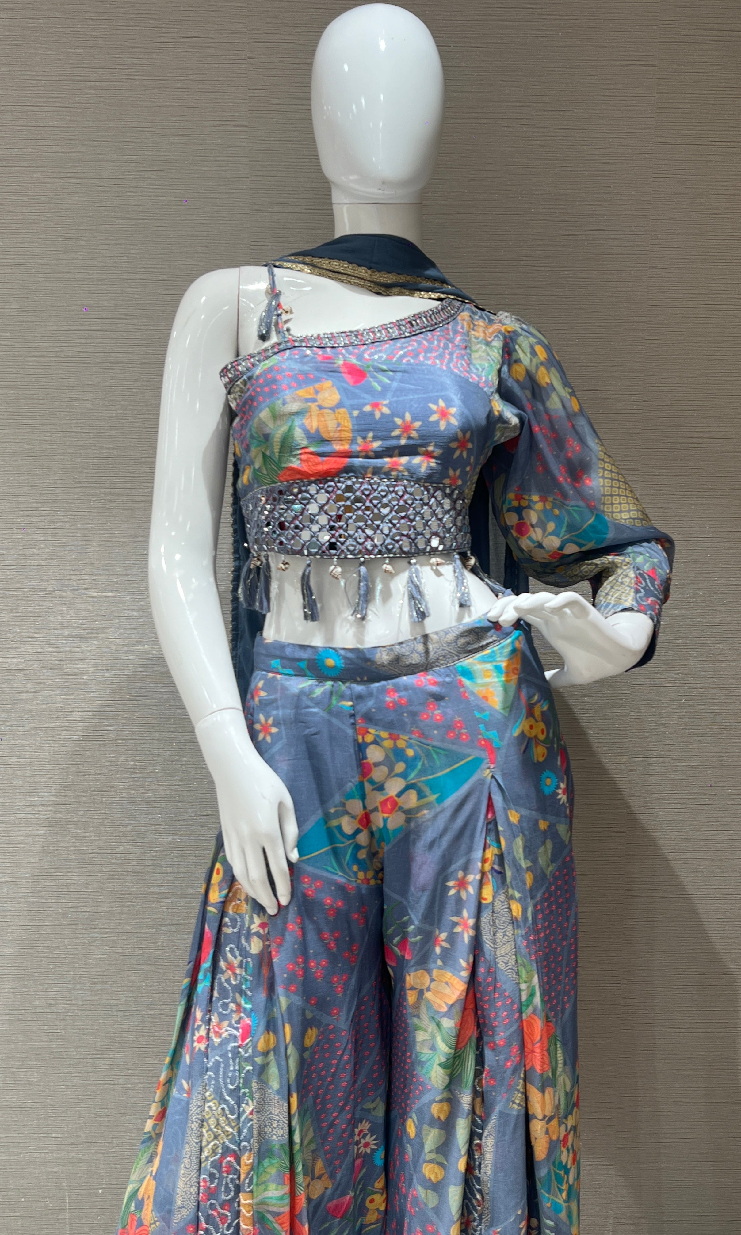 L Blue one shoulder crop top with palazzo
