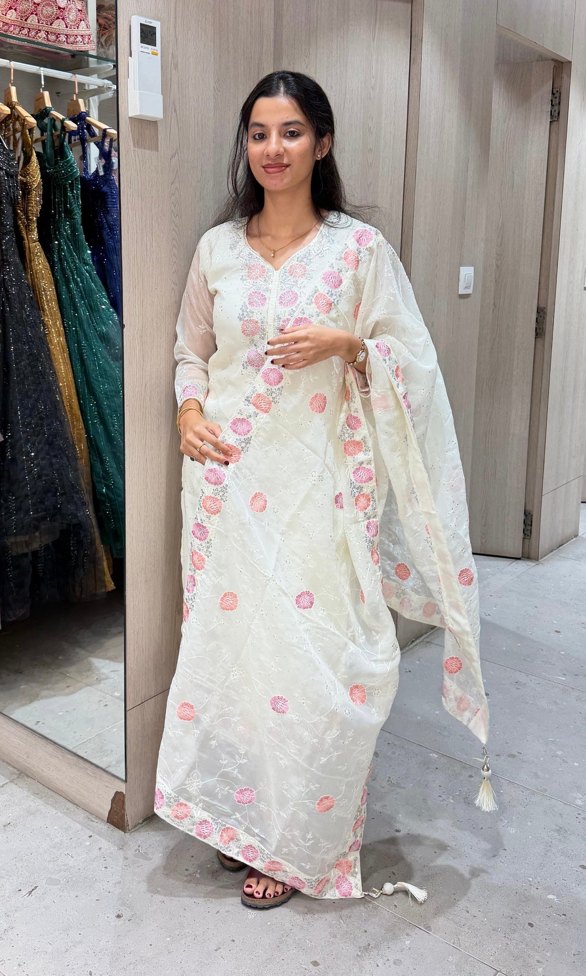 White Floral Cotton Ethnic Kurta set with Dupatta