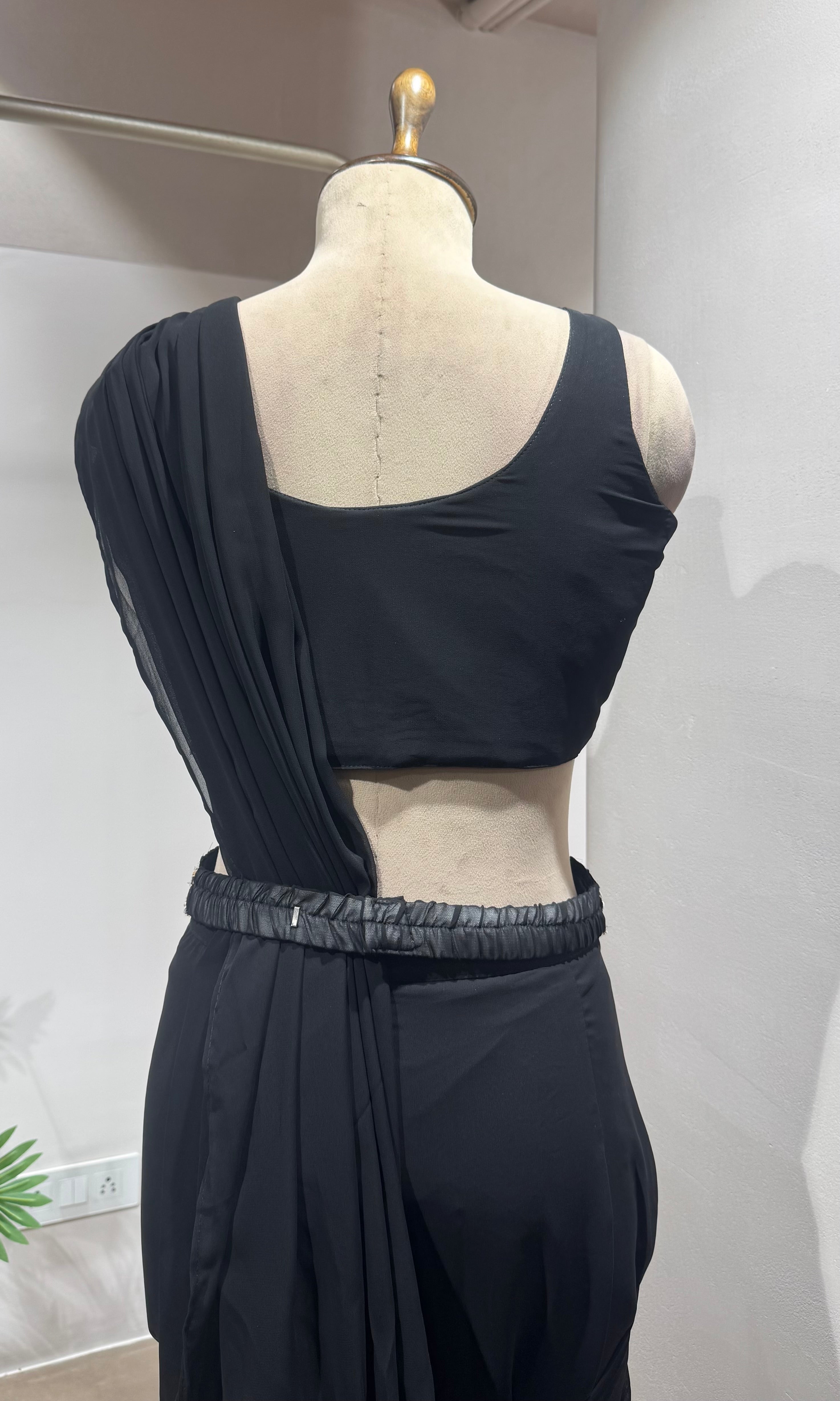 black drape saree with floral blouse & BELT