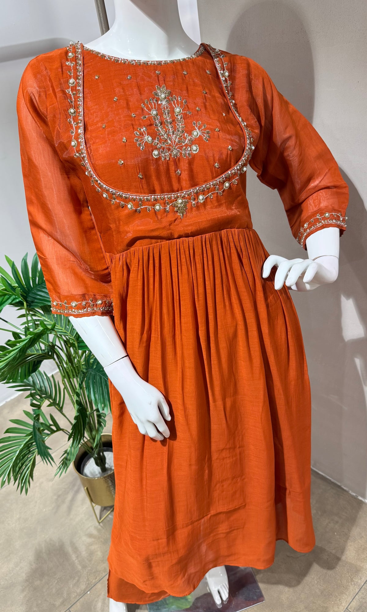 RUST EMBROIDERY MUL CHANDERI KURTA SET