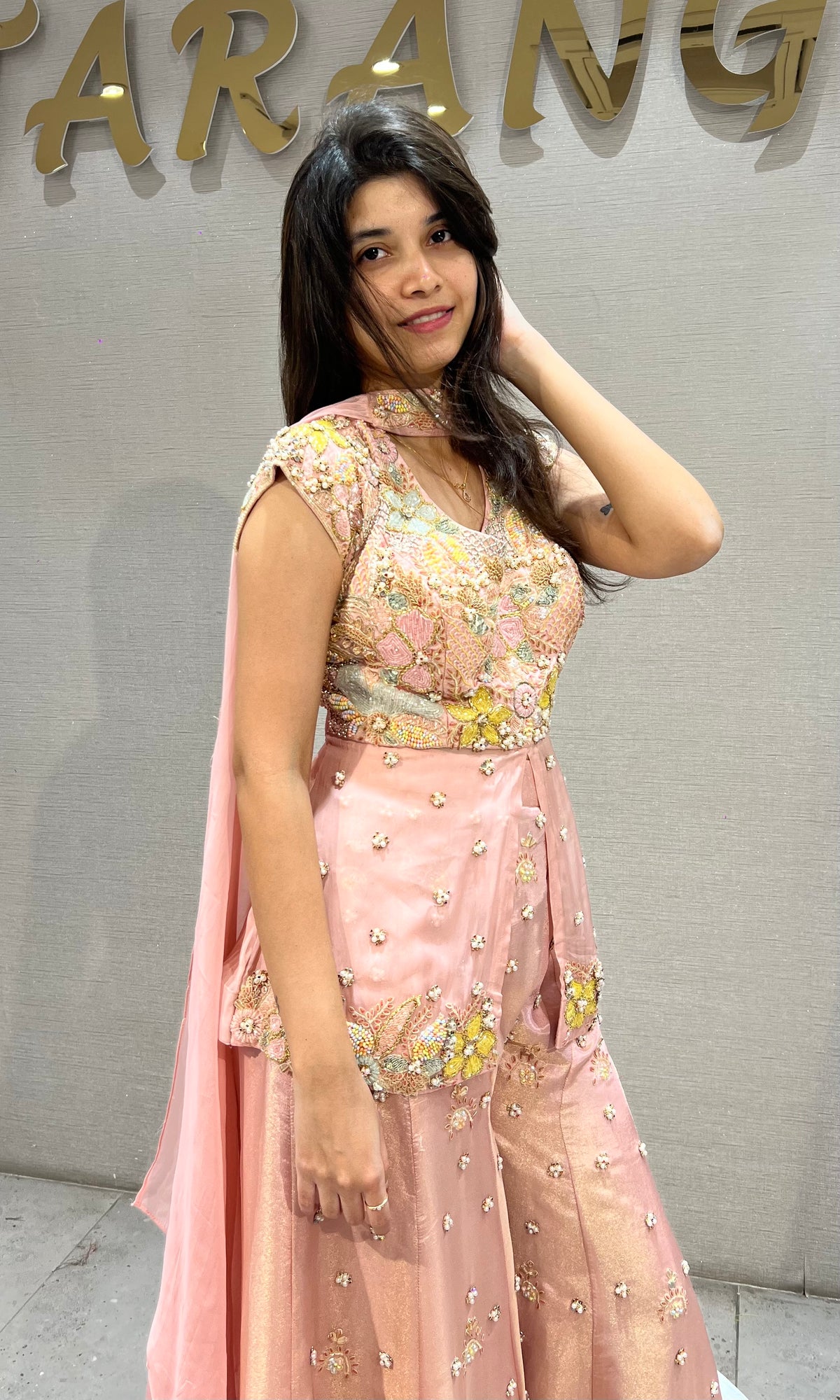 Blush Pink Satin Floral Embroidered Palazzo Set