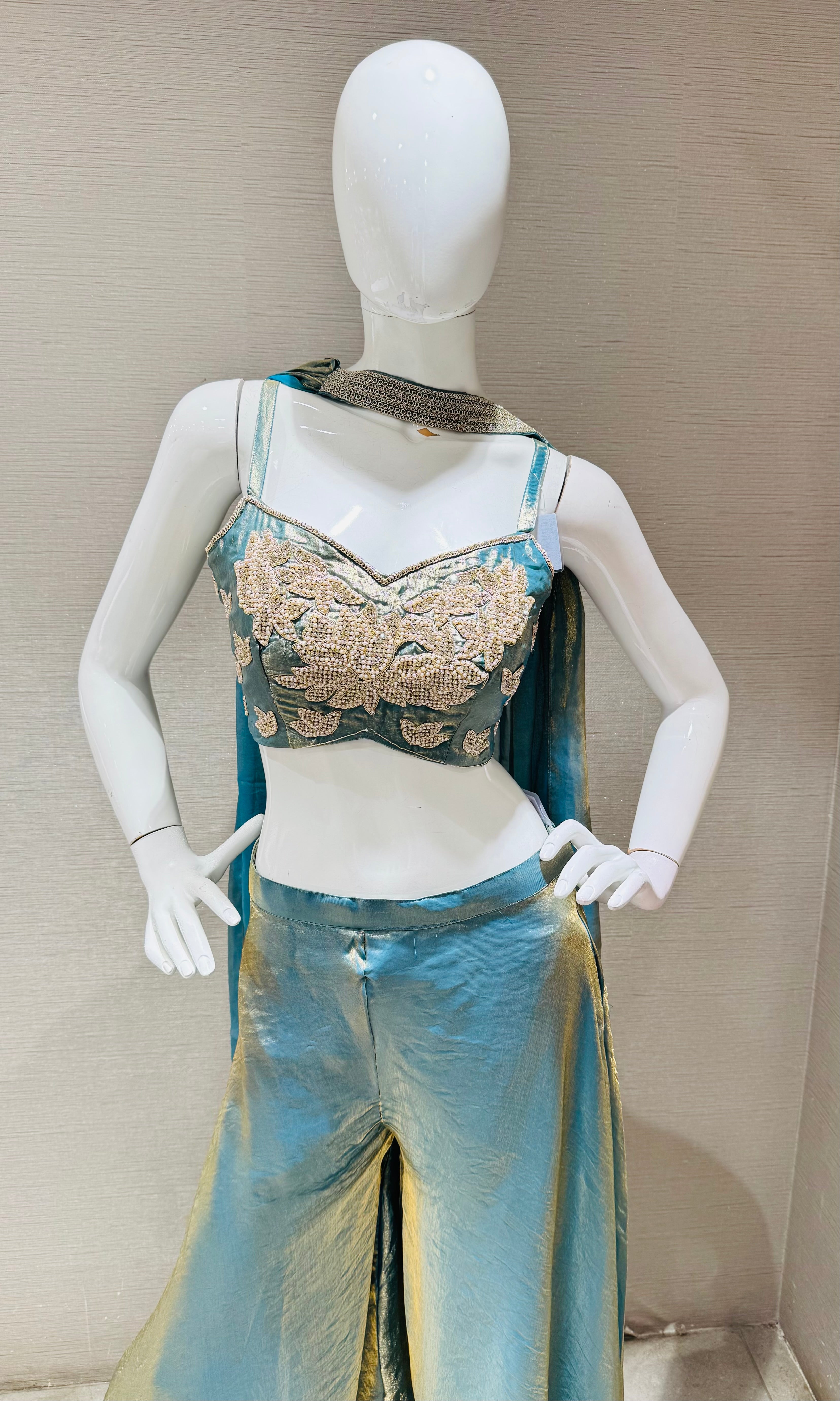 Sea Blue A-Line Shimmer Tissue Palazzo Set