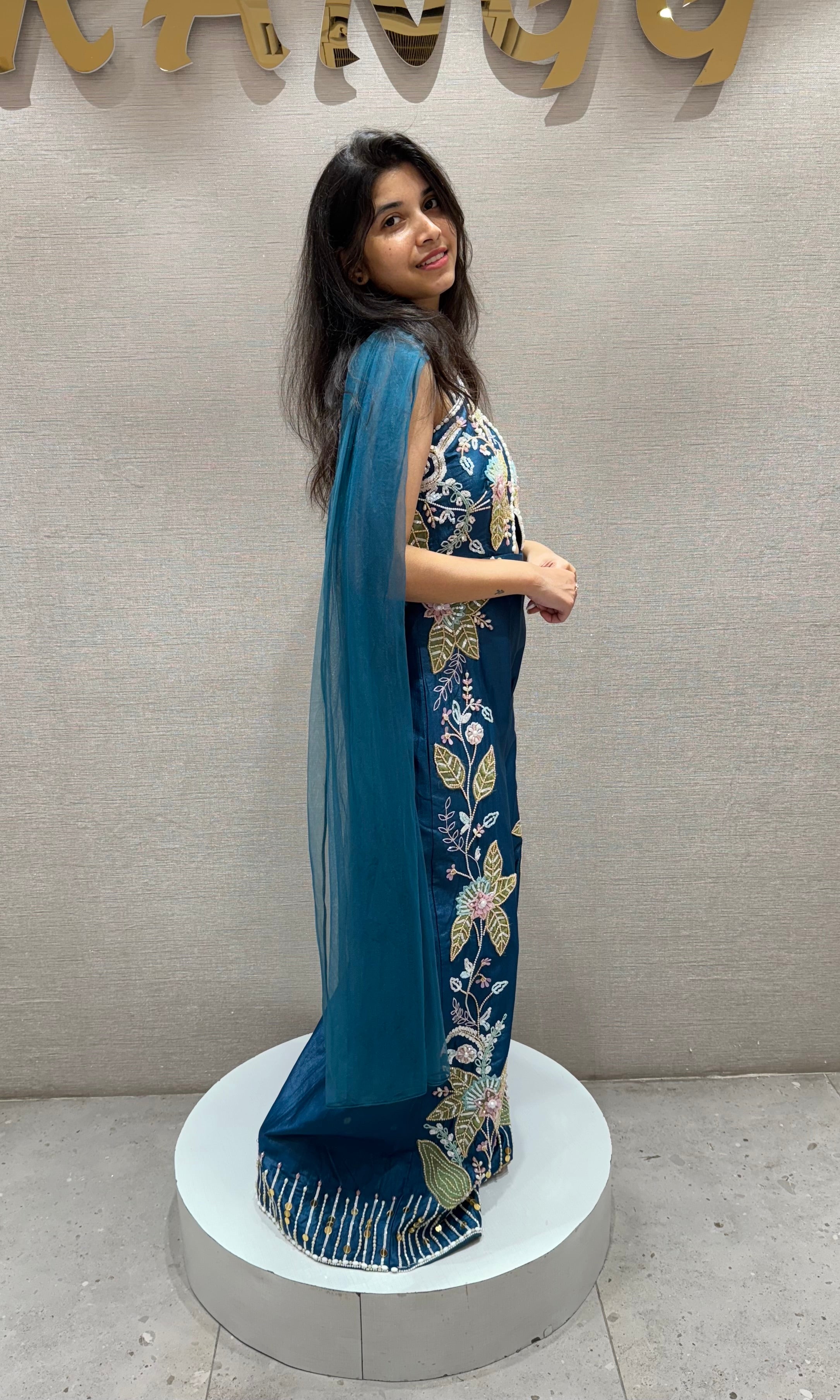 Teal blue Halter embellished jumpsuit