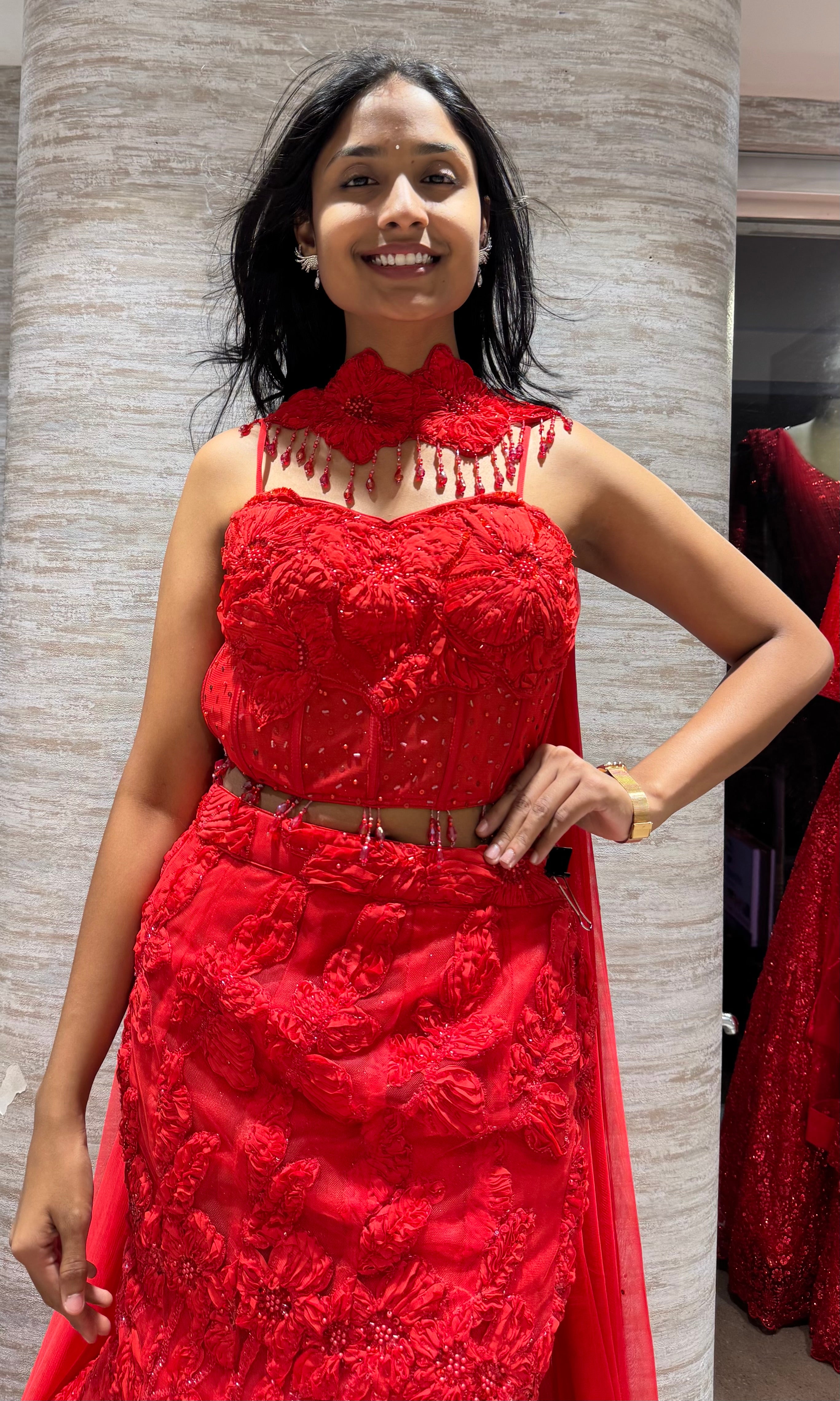 Crimson Floral Fish-Cut Lehenga