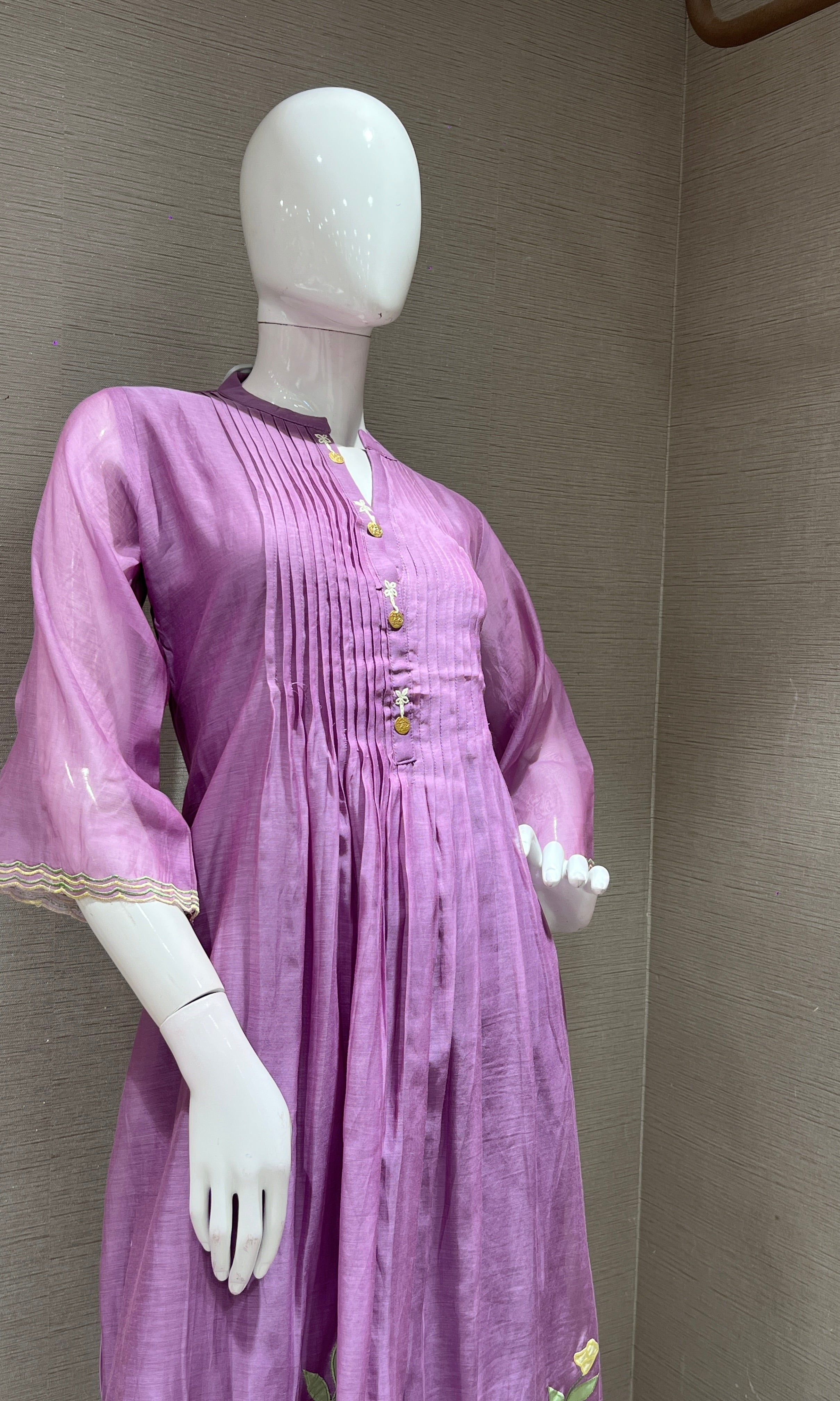 Purple FLORAL MUL CHANDERI KURTA SET