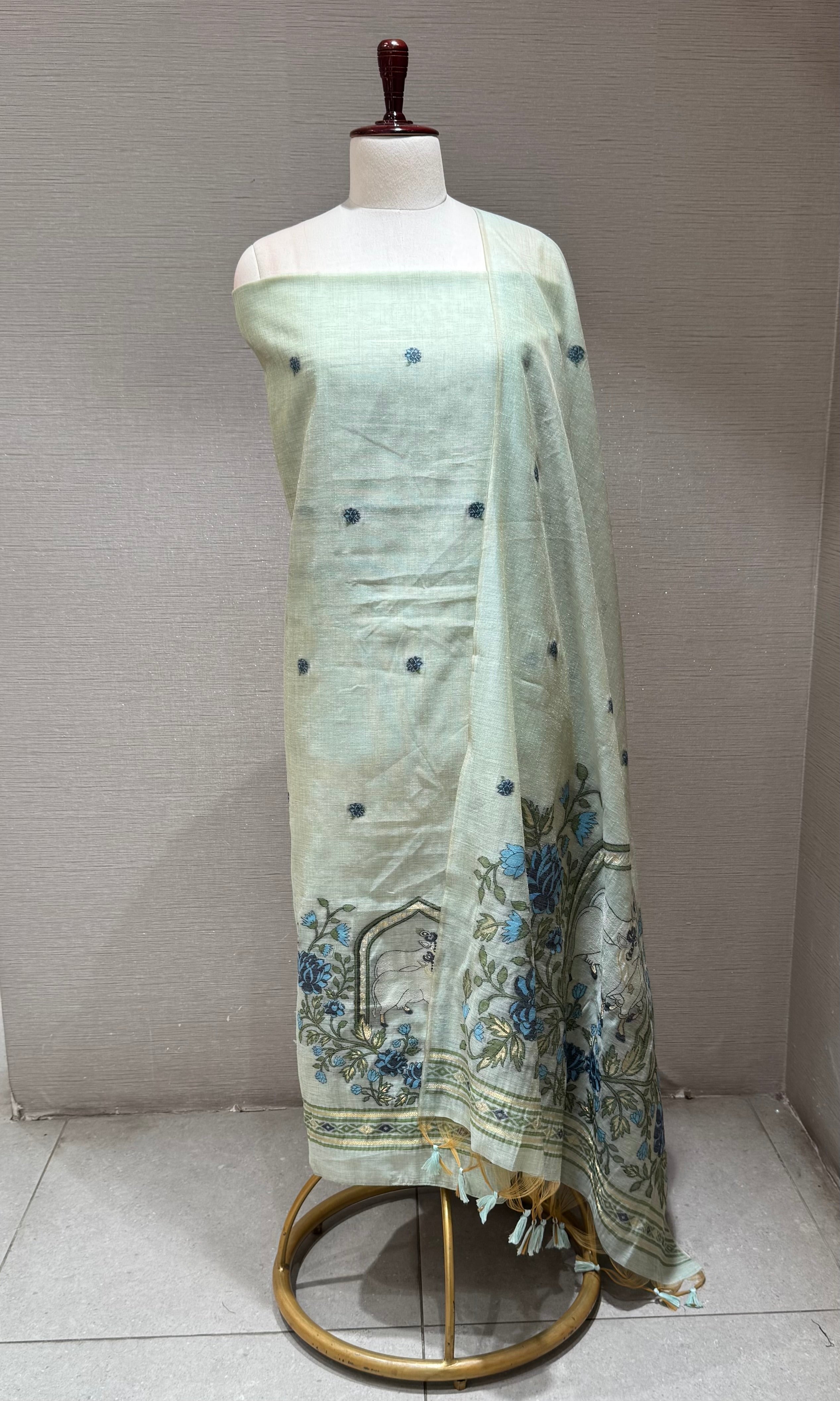 Mint Green with Blue Floral Embroidery dress material