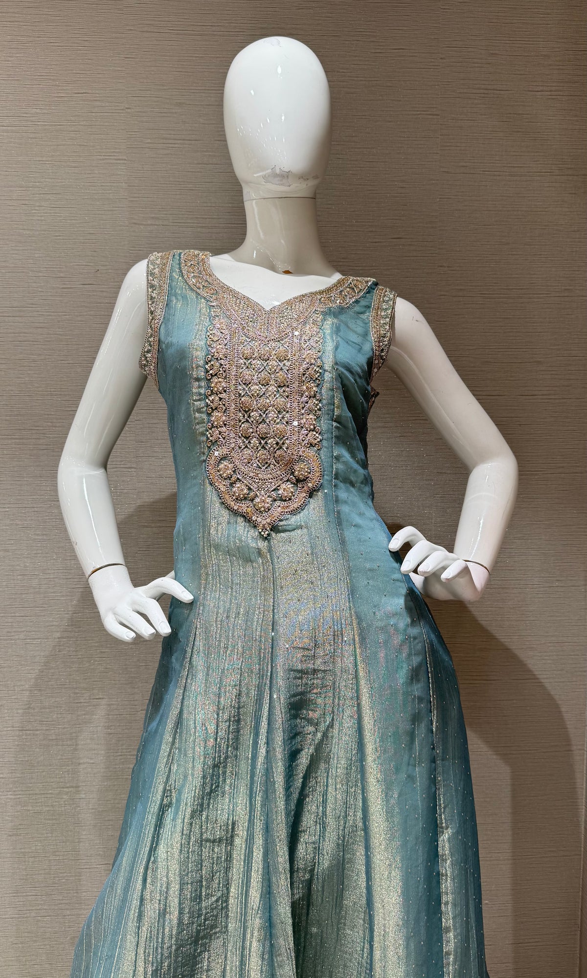 Sage Green Tissue silk Embroidered Kurta Set with Dupatta