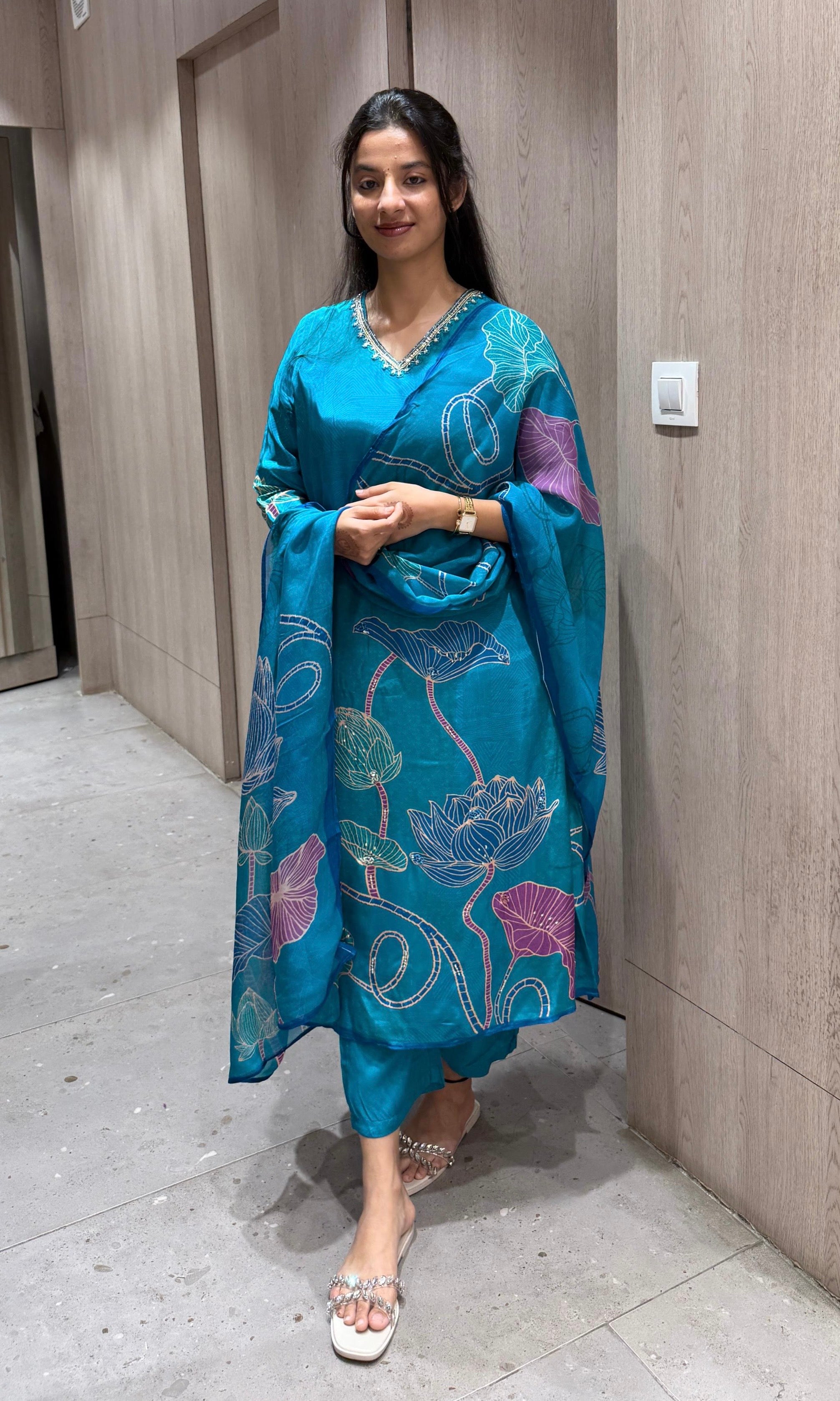 light blue floral print kurta set