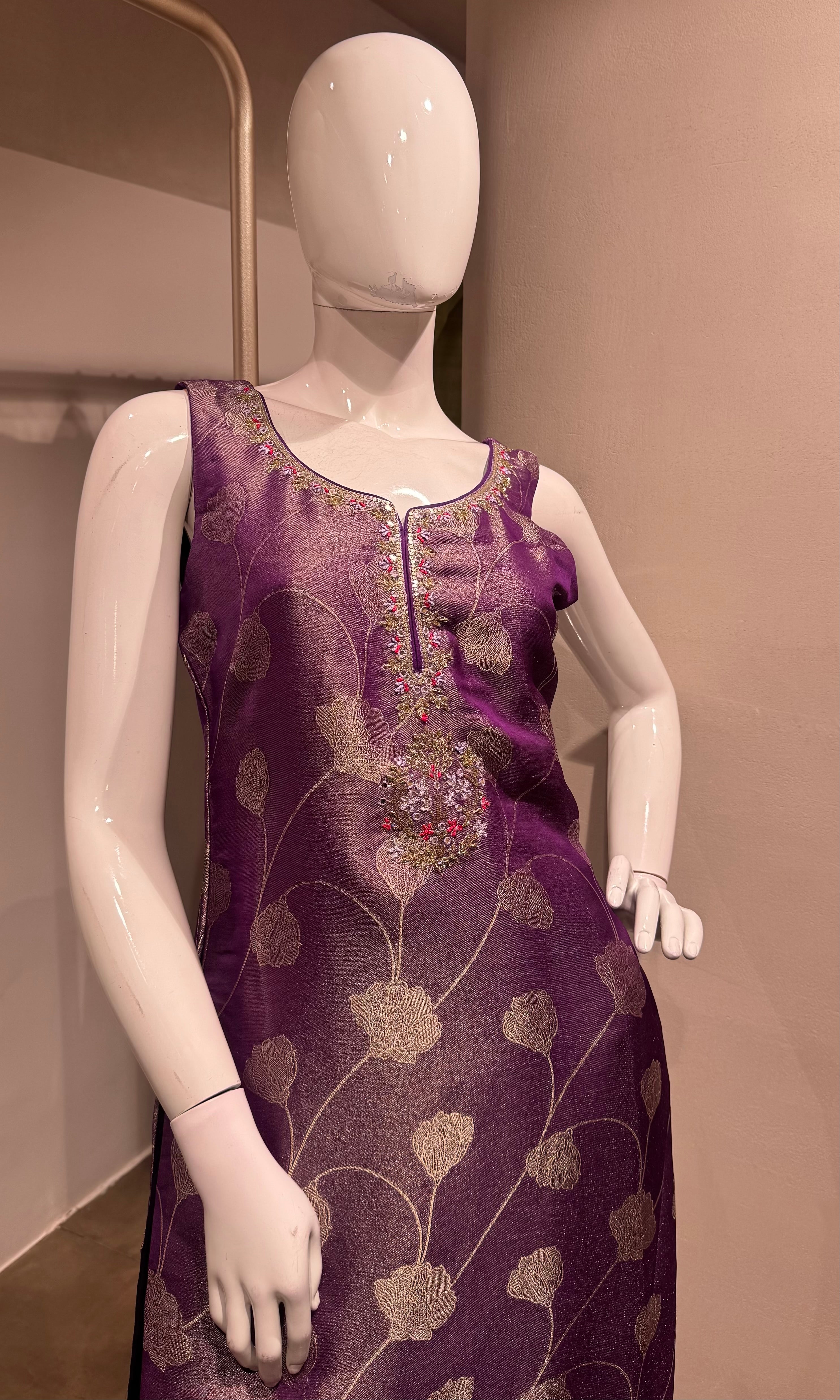 purple and gold Banarasi ethnic kurta set