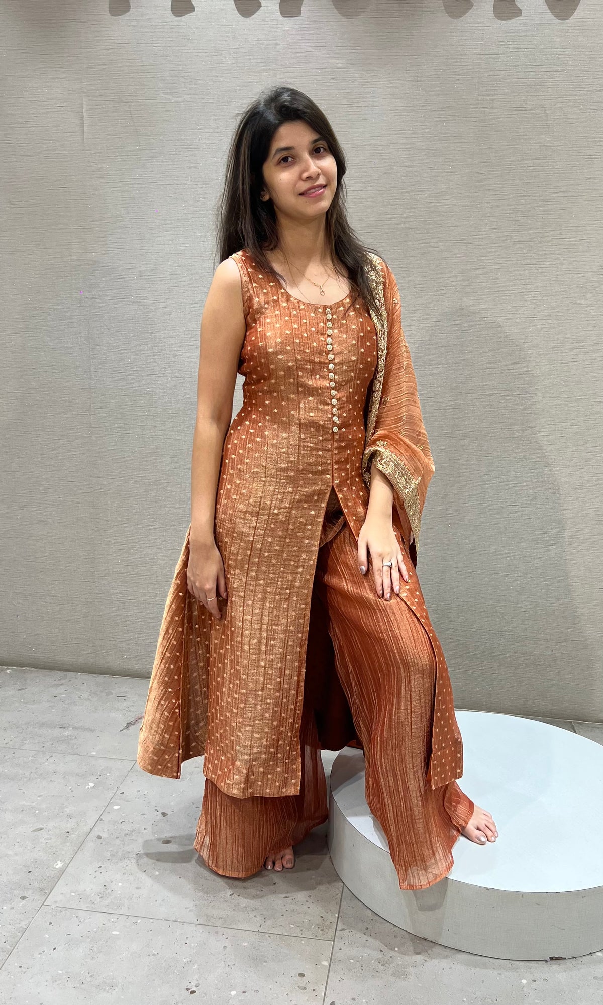 Rust Orange Embroidered Anarkali Set with Sheer Dupatta