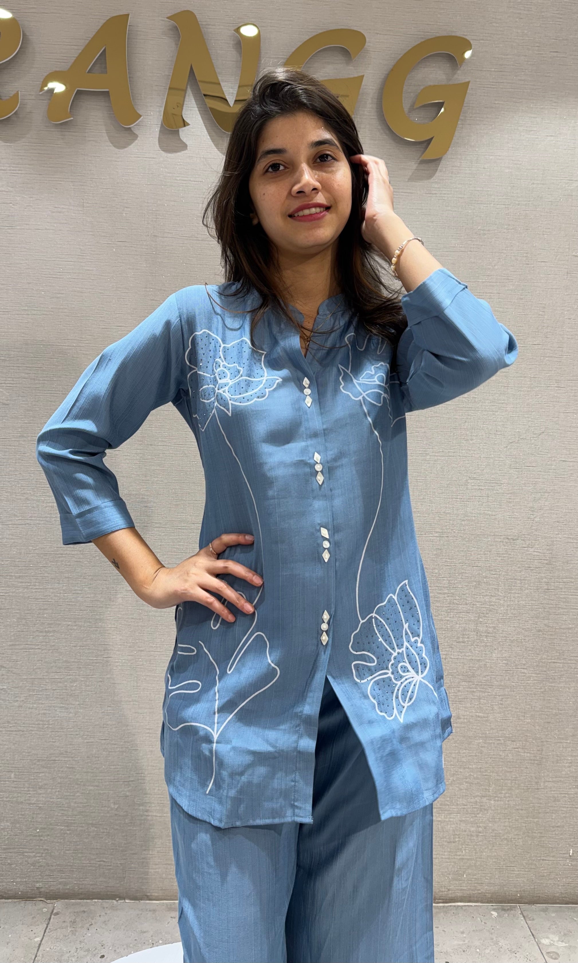 Blue Floral Embroidered Cord Set