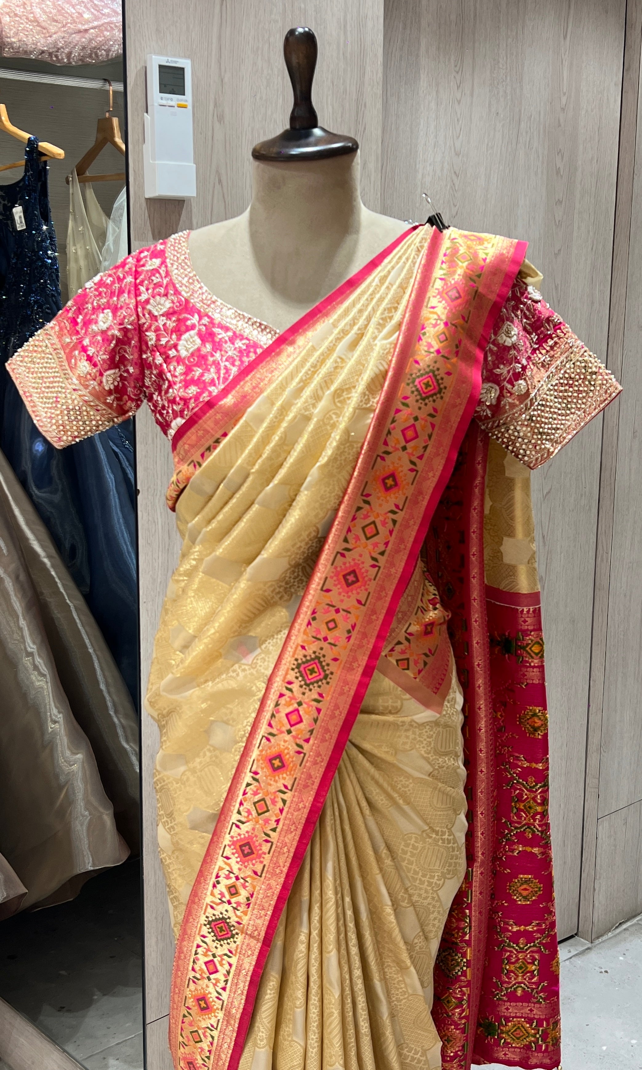 pink and gold kanjivaram saree with blouse