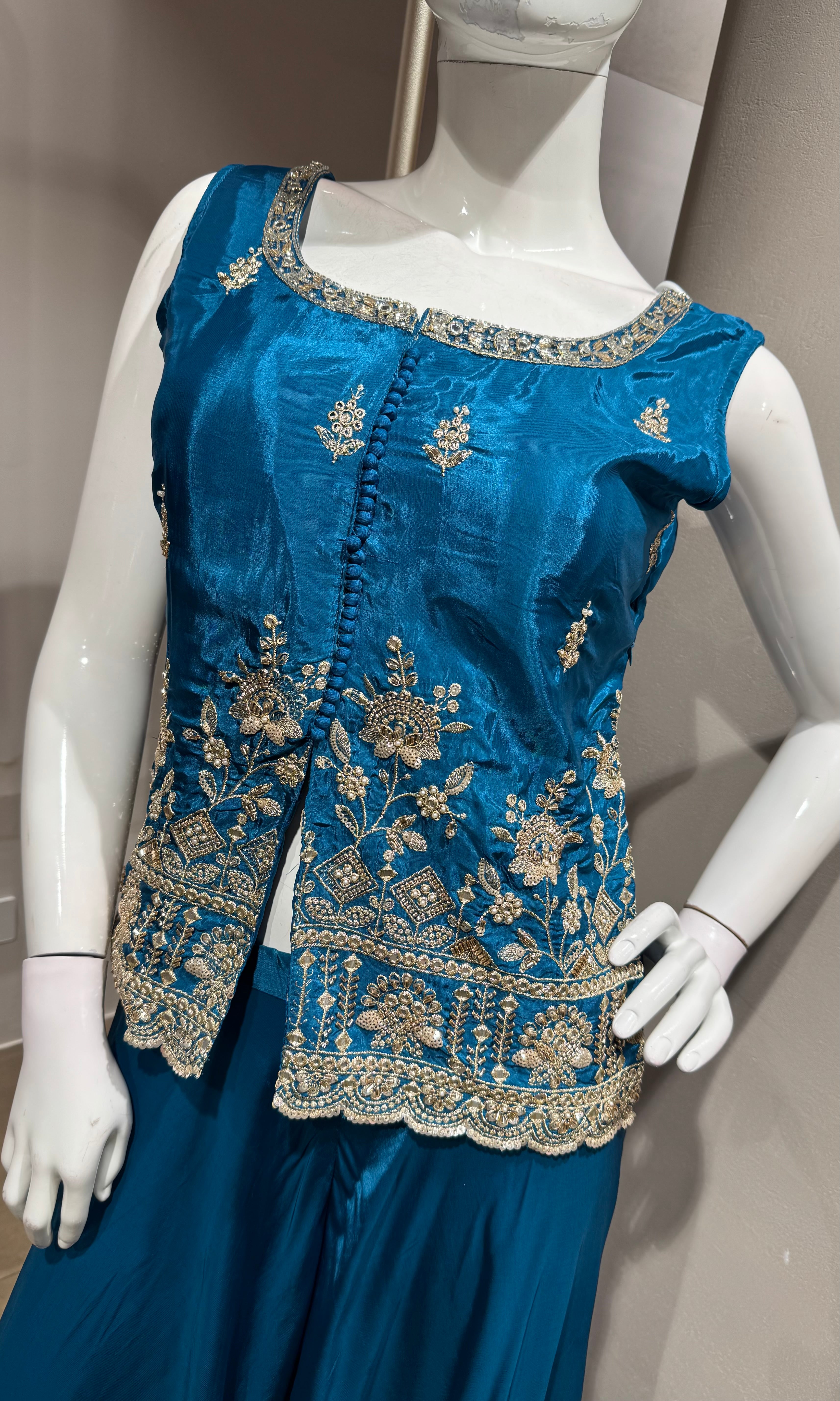 Blue Embroidered Silk Peplum Palazzo Set
