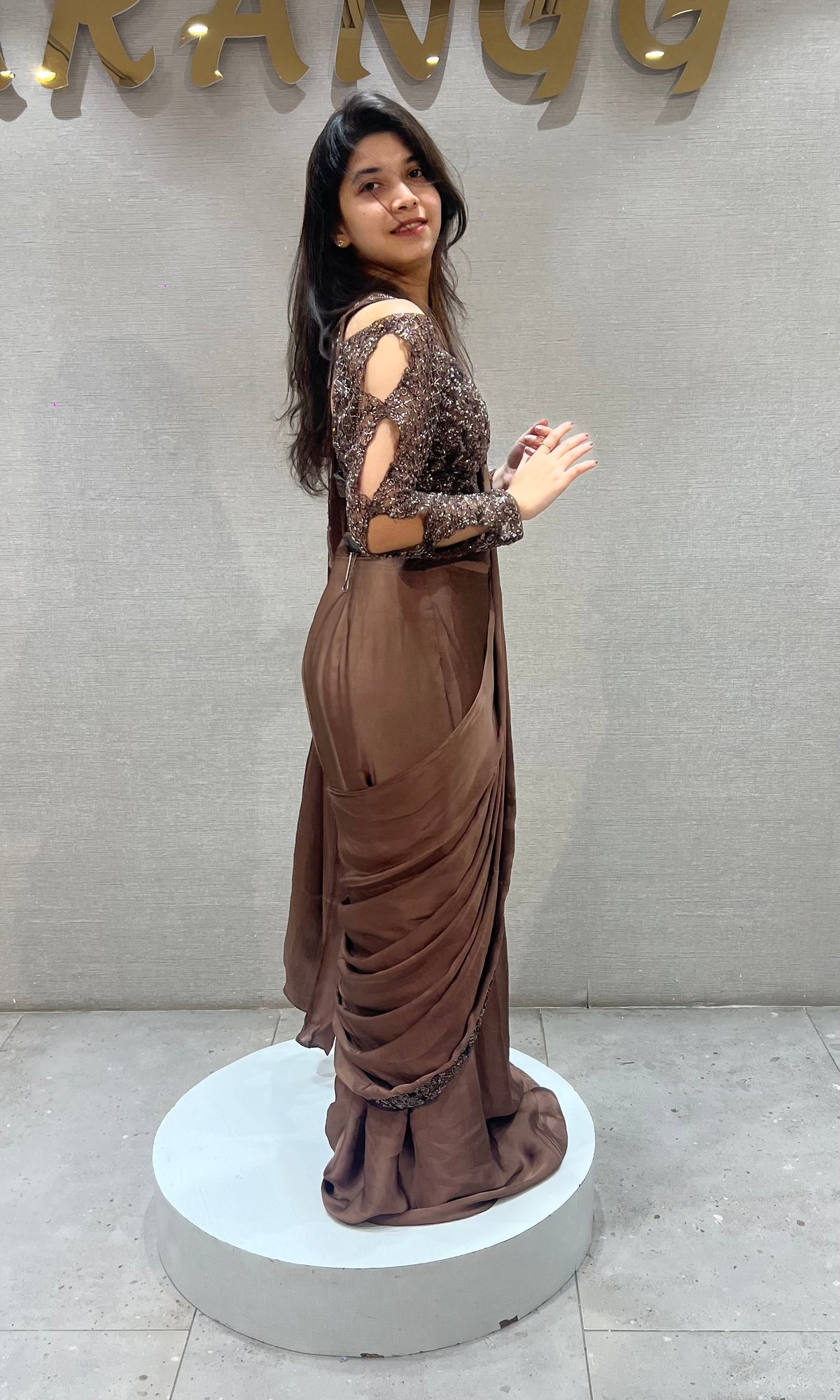 Chocolate Brown Draped Satin Saree Set