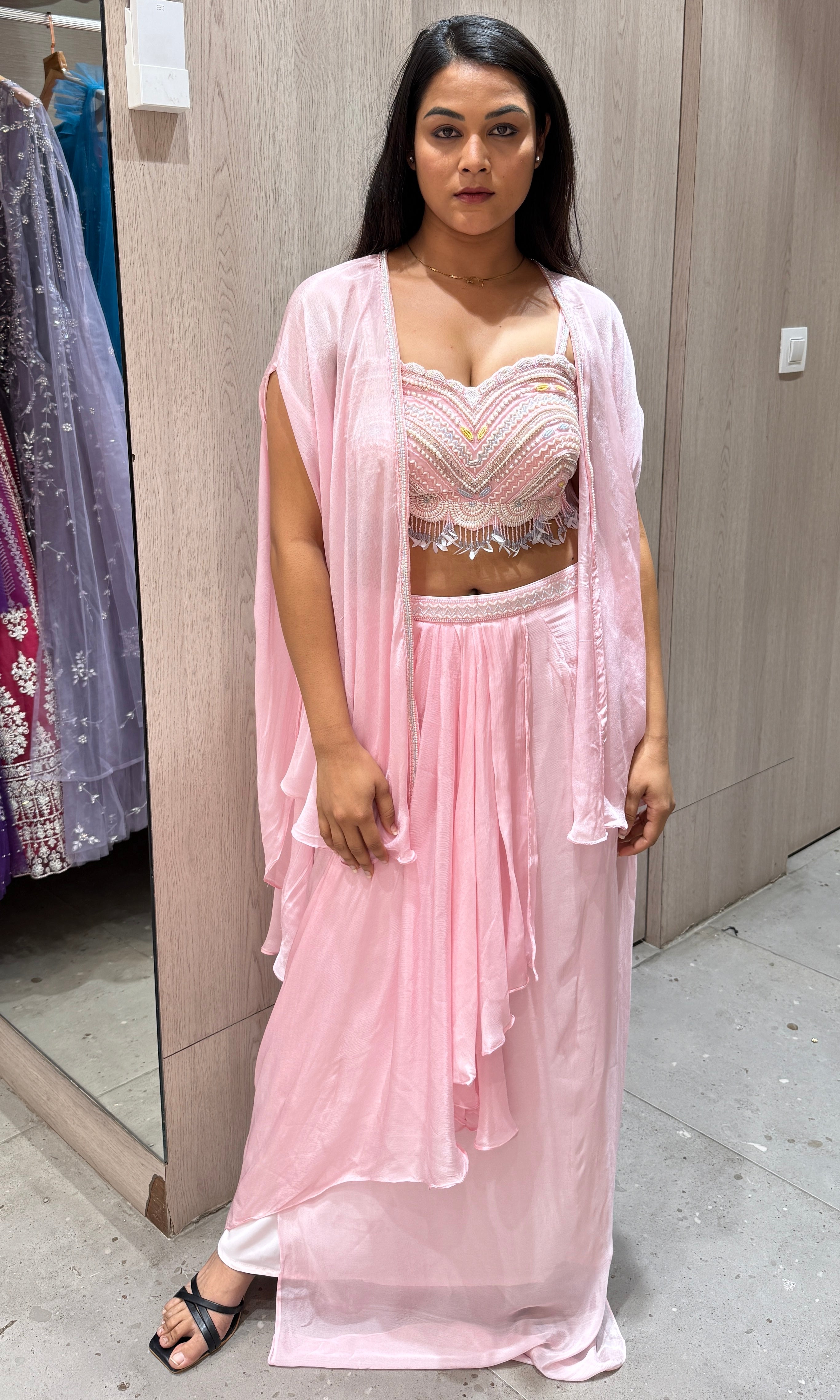 Pink 3 piece Indo western dress with cape