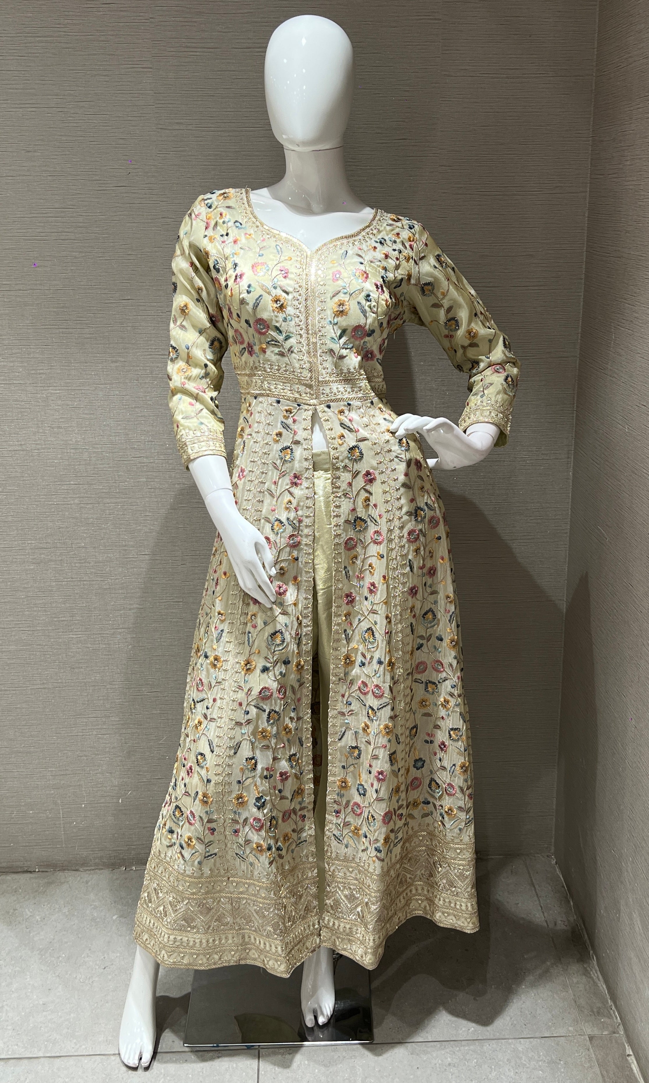 Cream Floral front slit Anarkali set