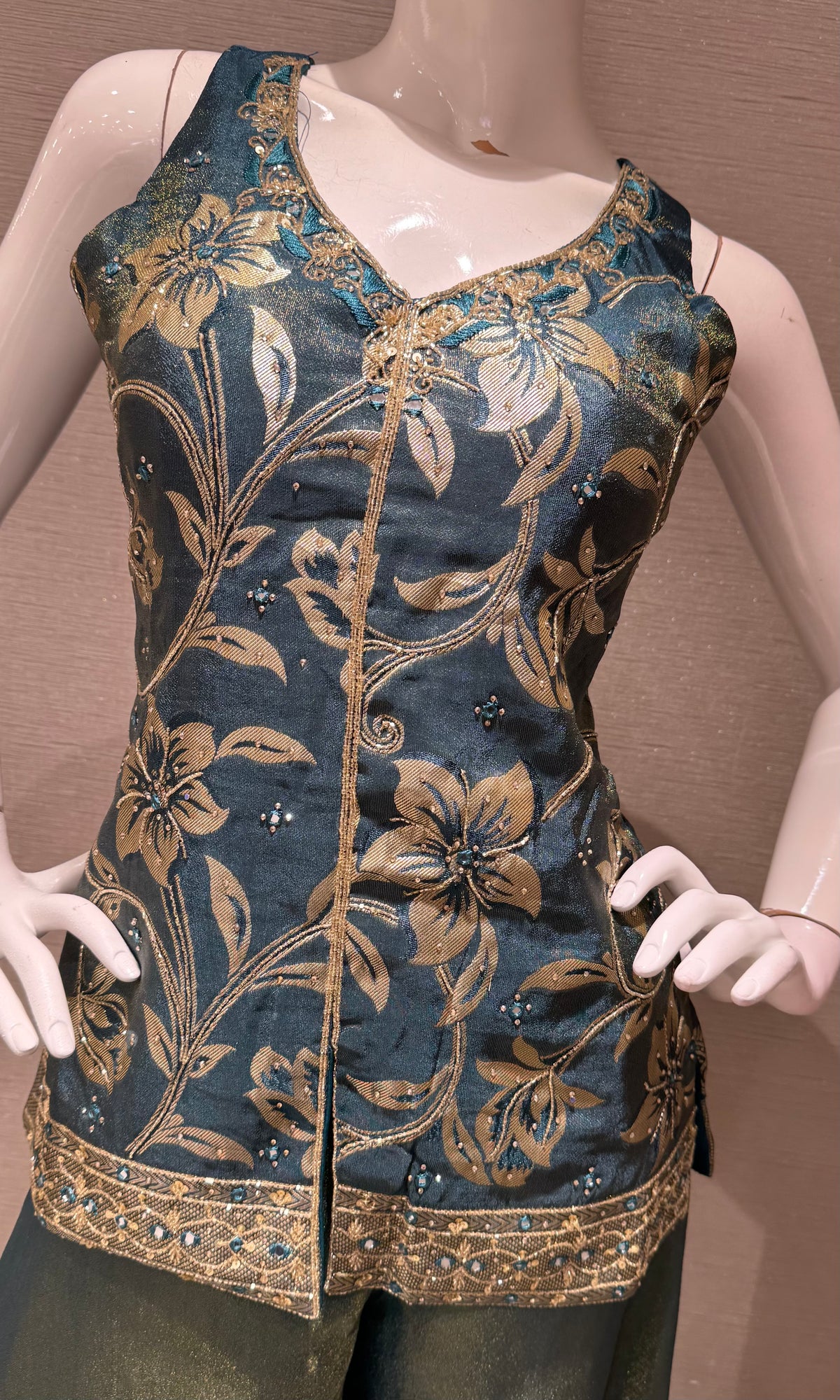 Peacock Blue and Gold Tissue Embroidered Palazzo set