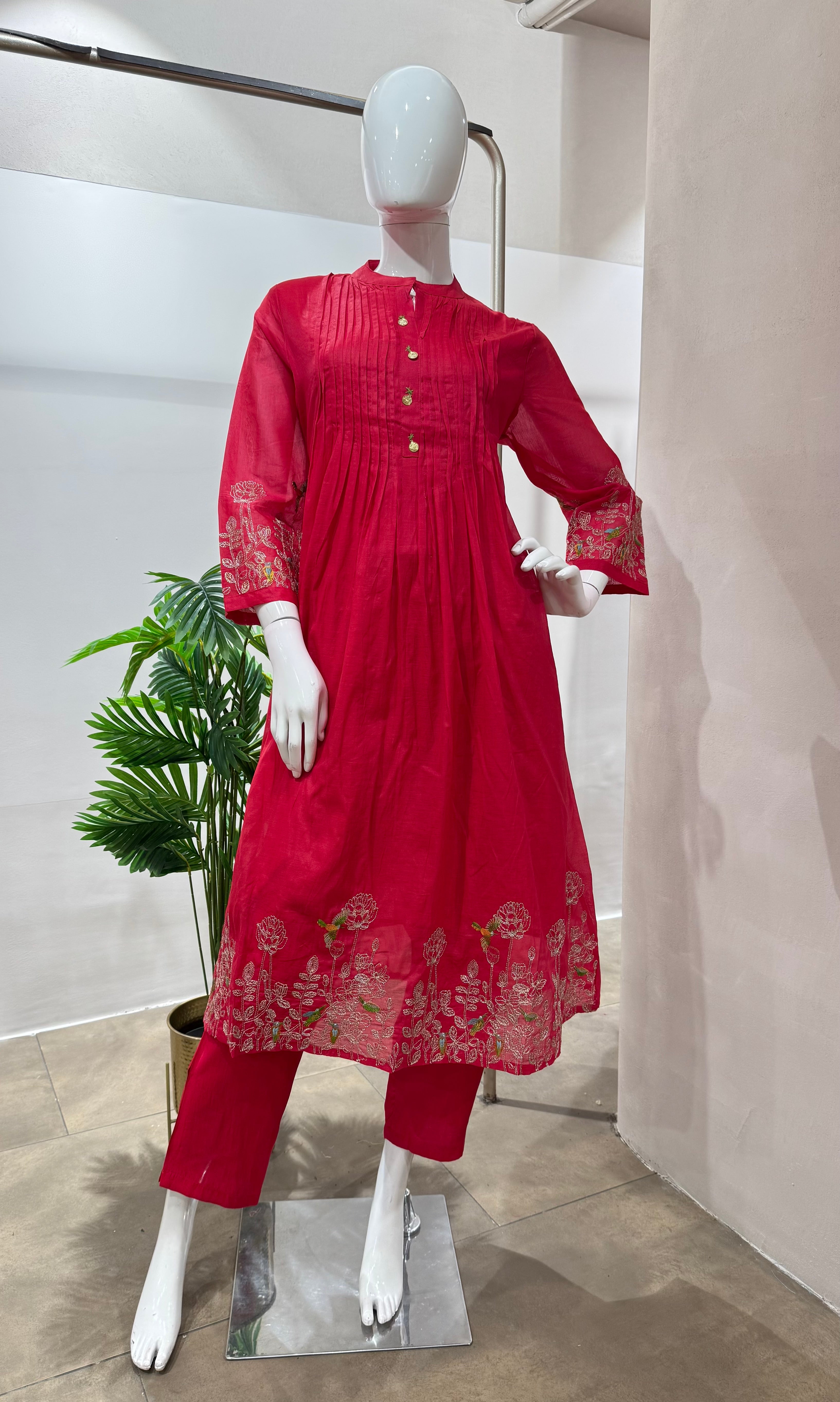 PINK FLORAL MUL CHANDERI KURTA SET