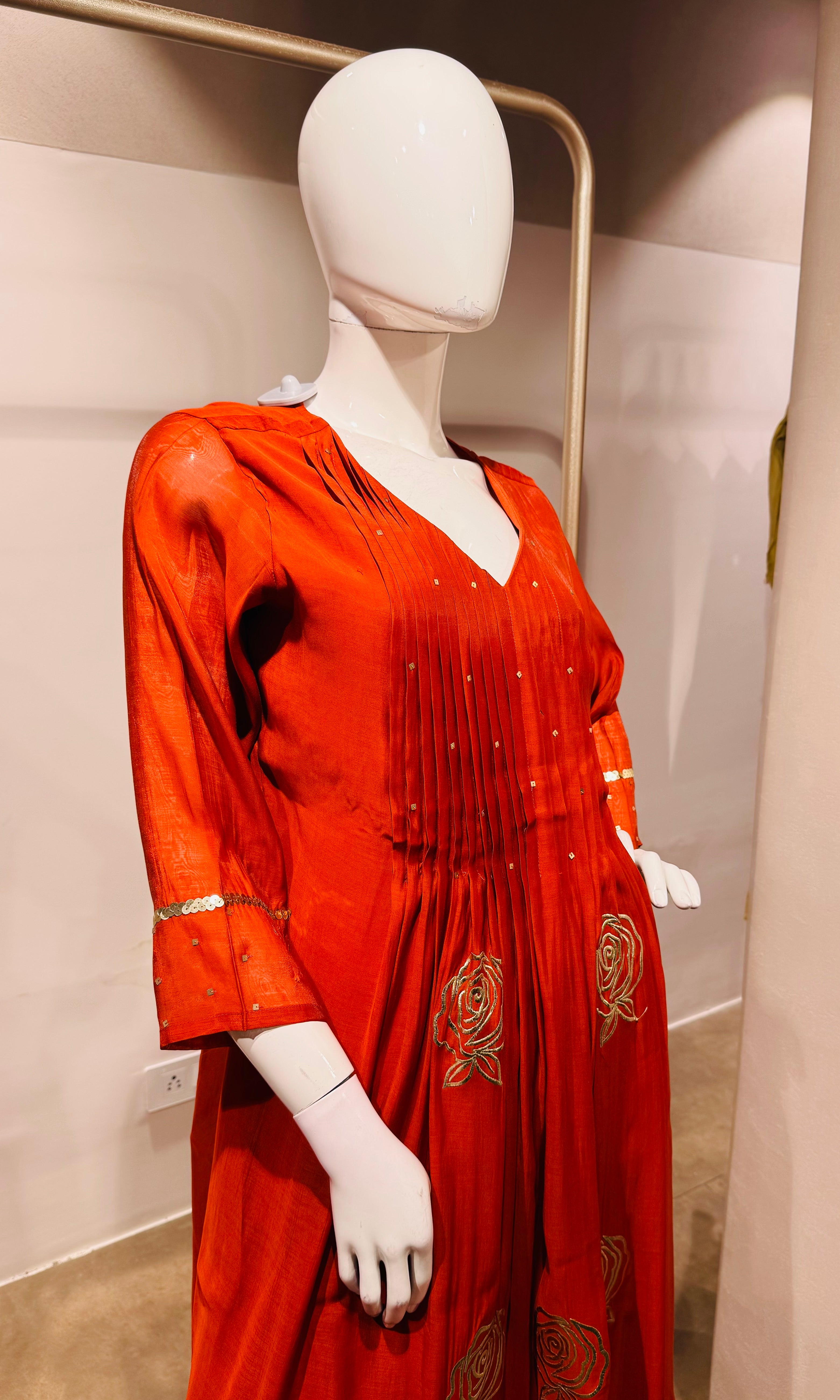 Rust golden floral mul chanderi kurta set