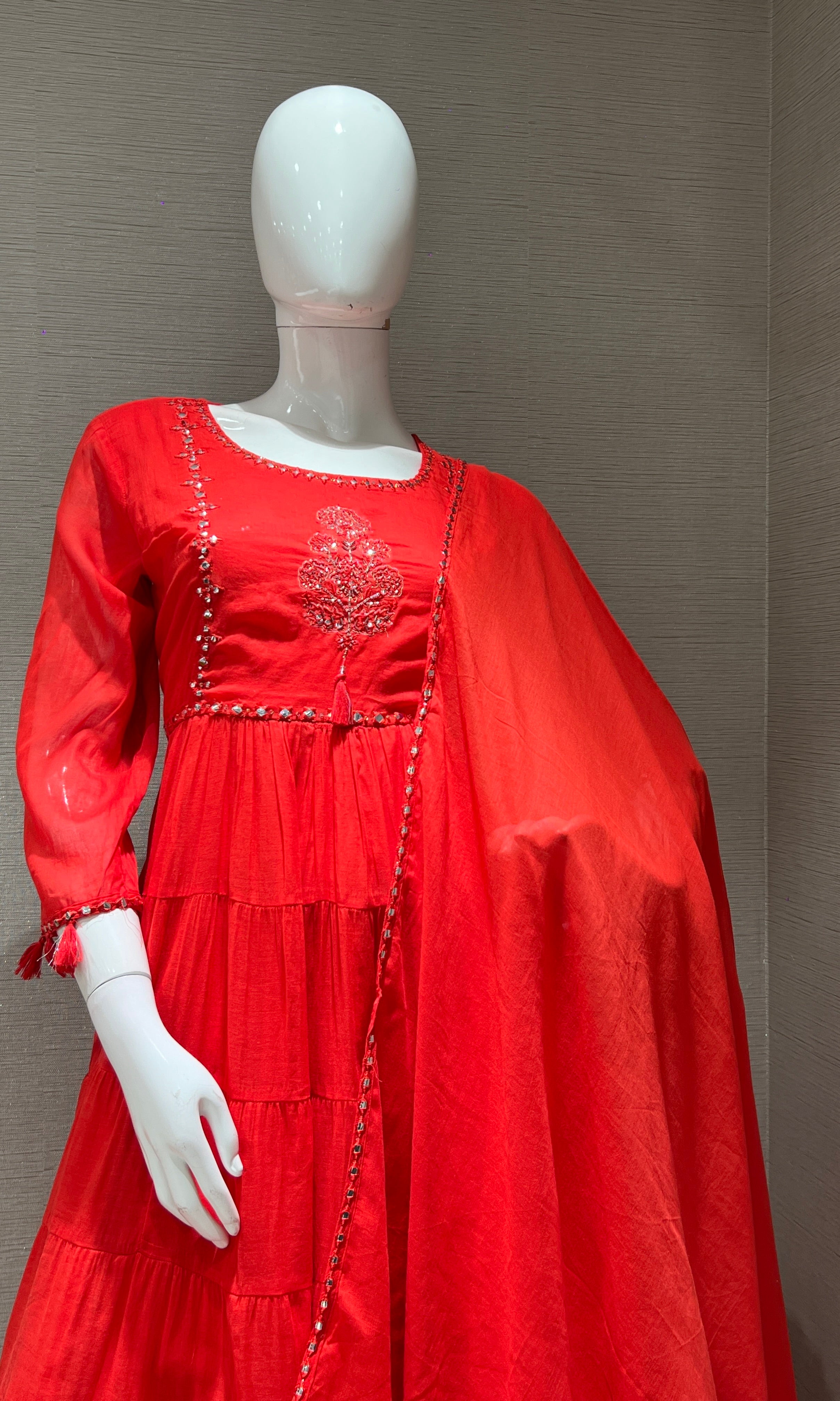 Red FLORAL MUL CHANDERI ANARKALI SET