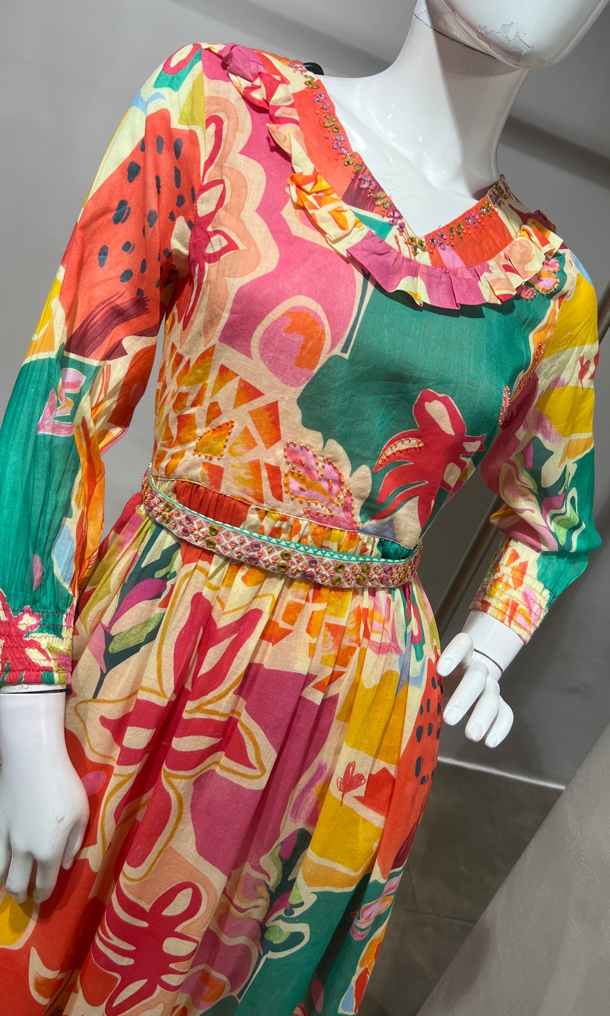 Multi Abstract Print Long Sleeve Frock