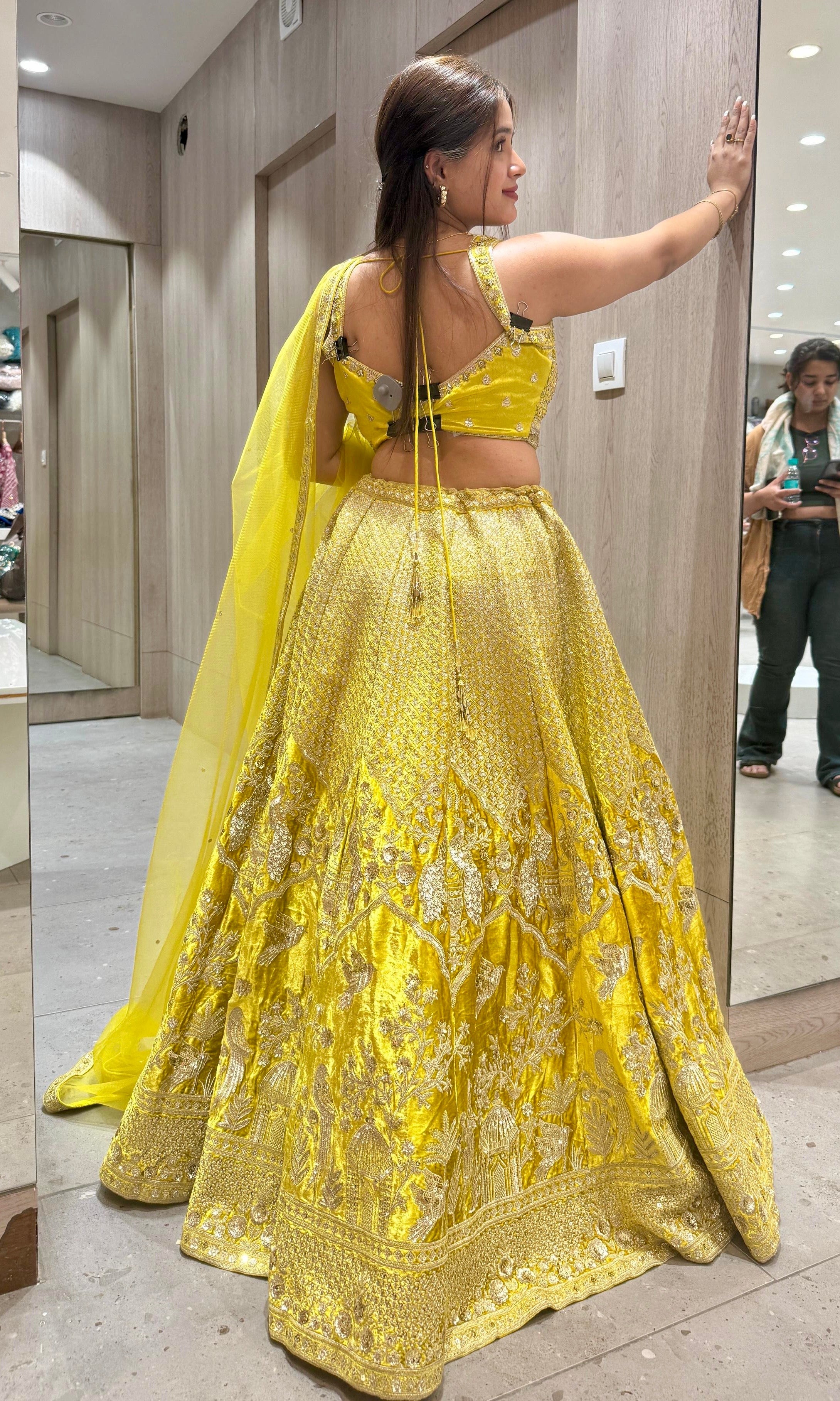 Yellow Pure Velvet Lehenga with Antique Gold Zardozi Work