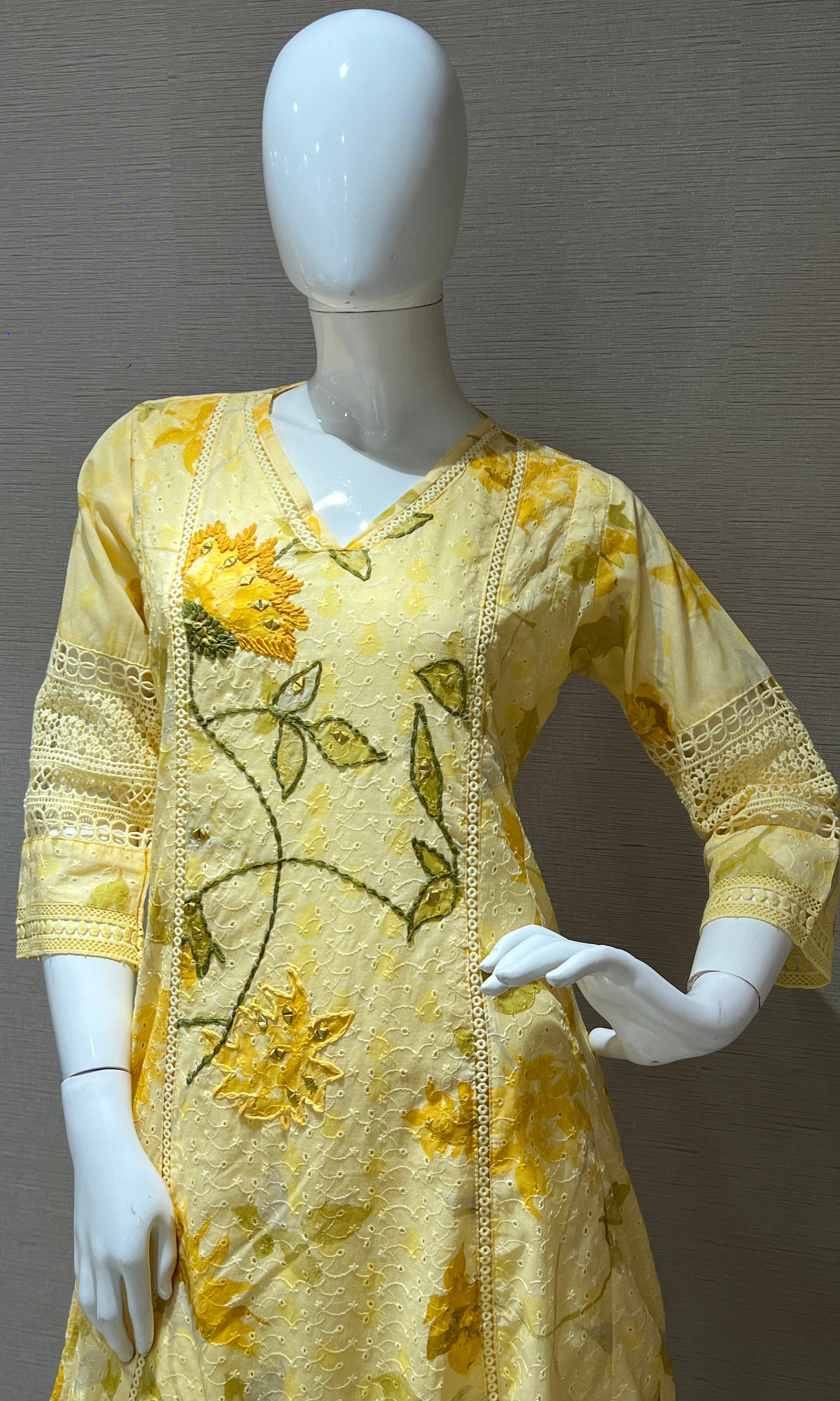 Yellow floral kurta with wide leg pants