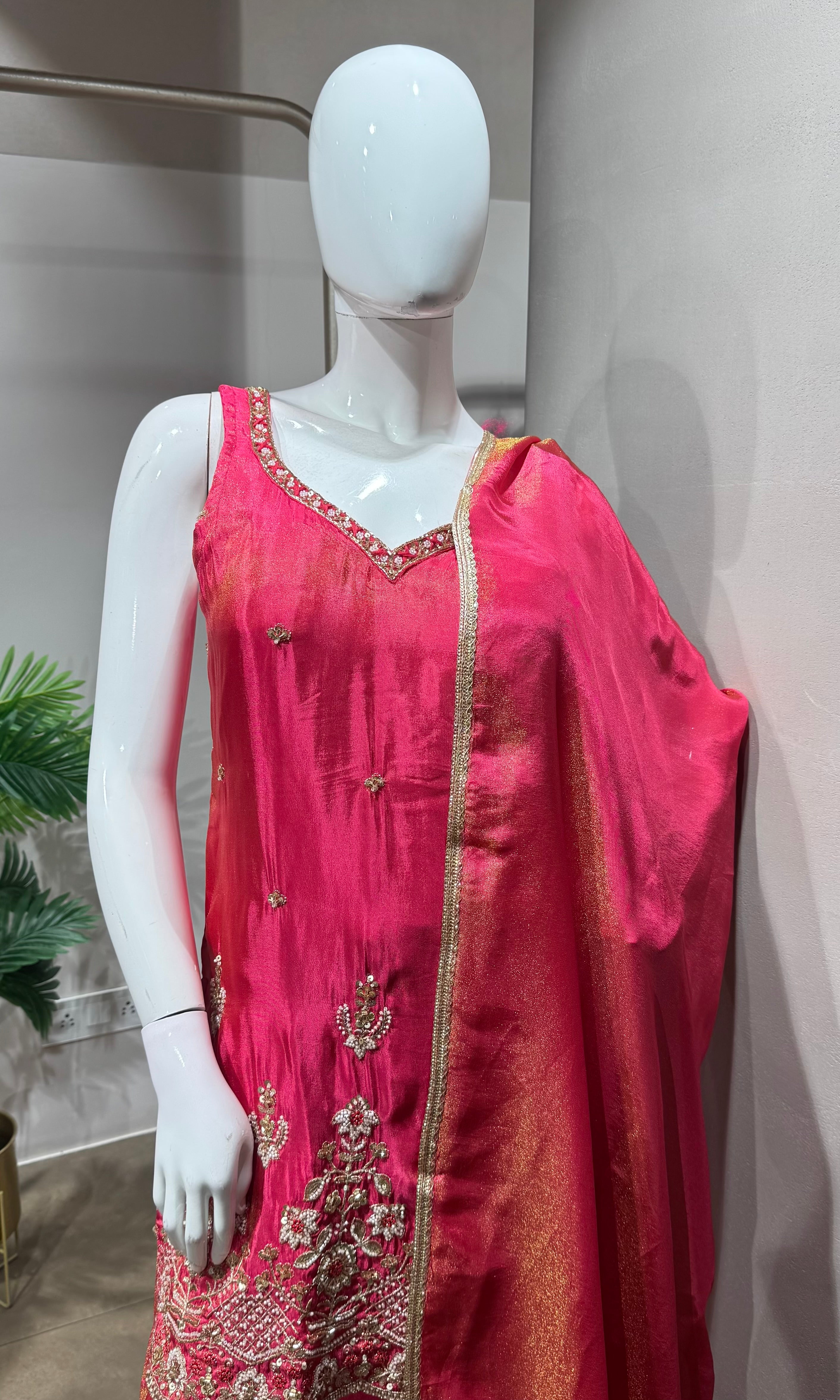 PINK SHIMMER GOLDEN EMBROIDERY SHARARA SET