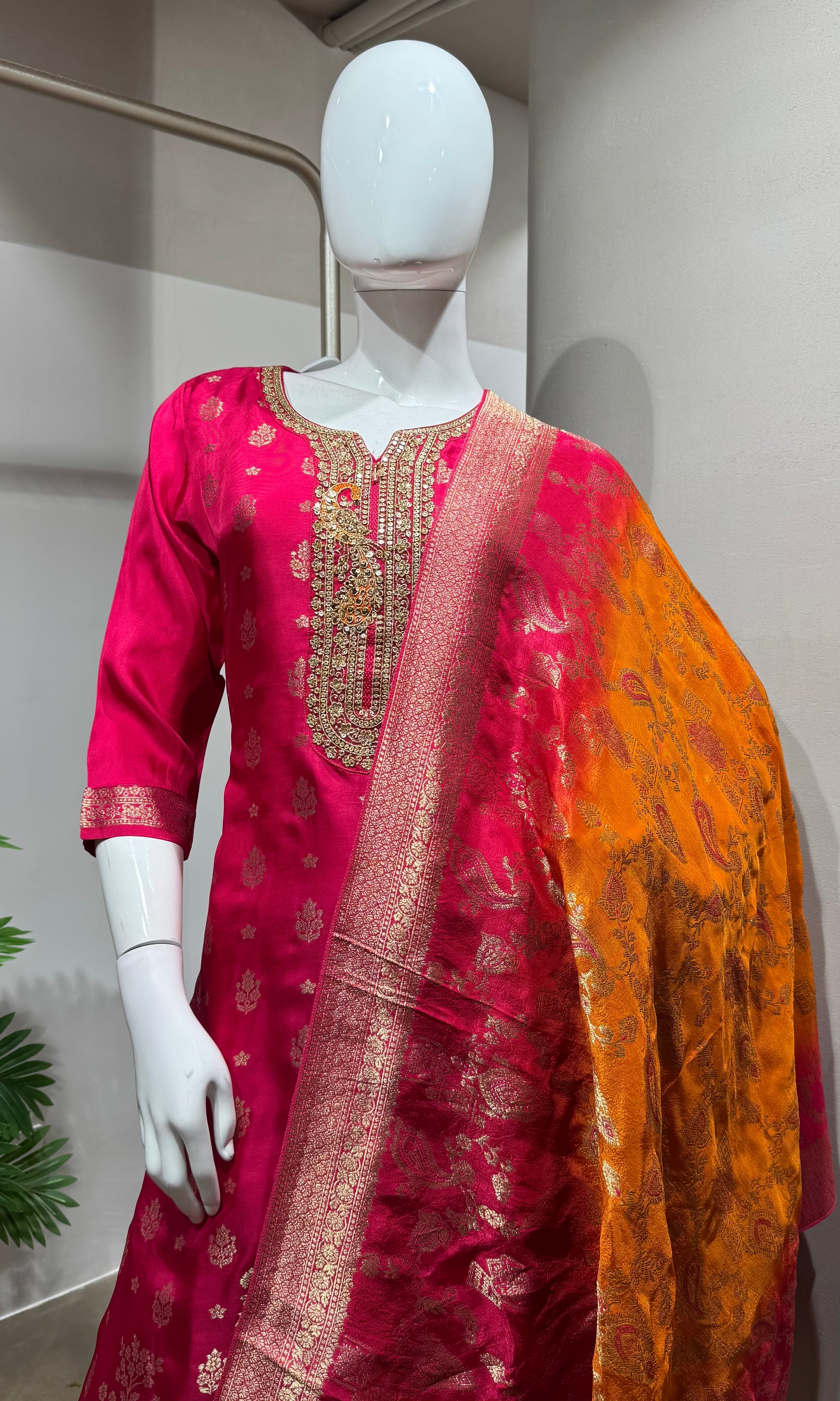 Pink embroidered kurta pant with dupatta set