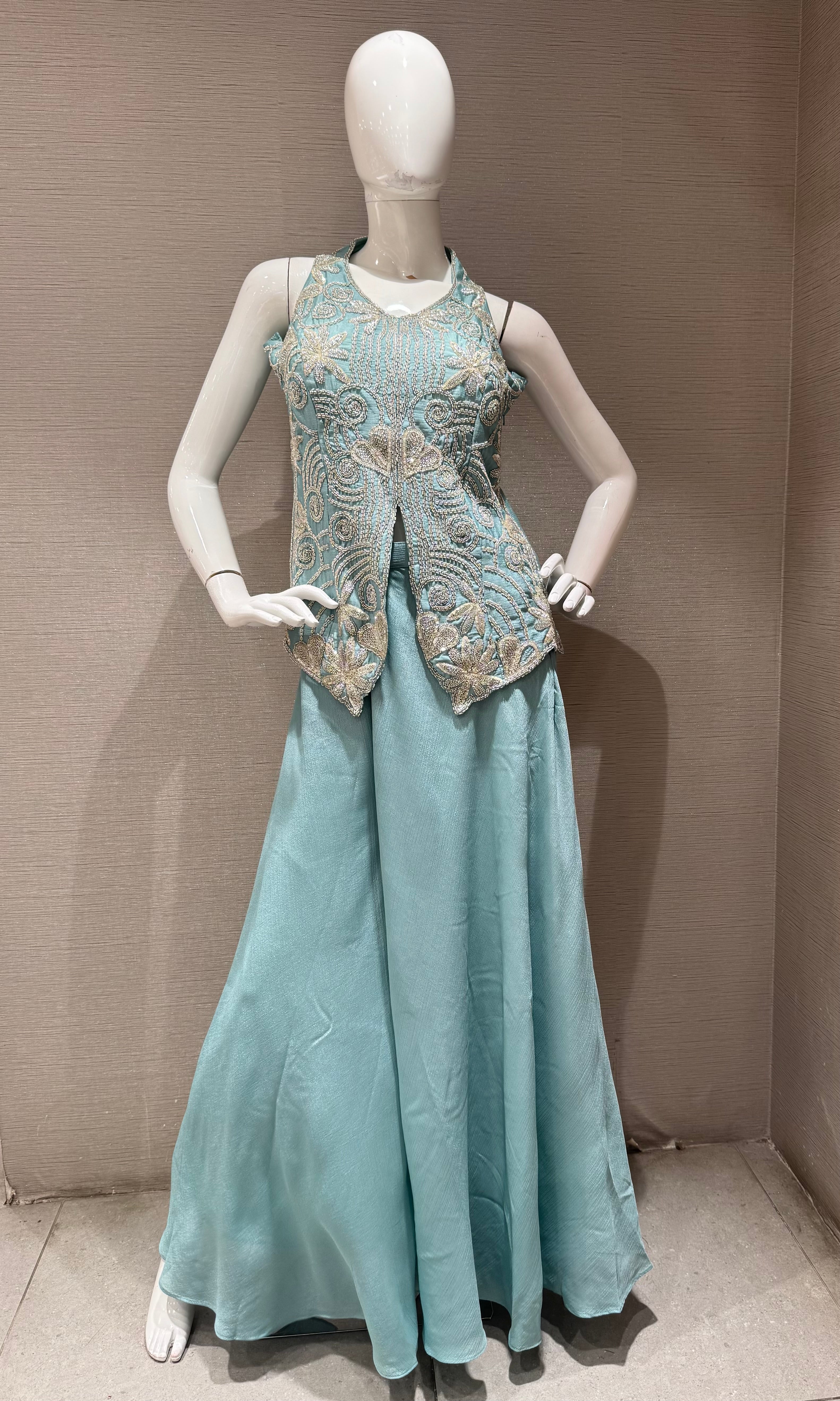 Blue Peplum top with Flared palazzo pant set