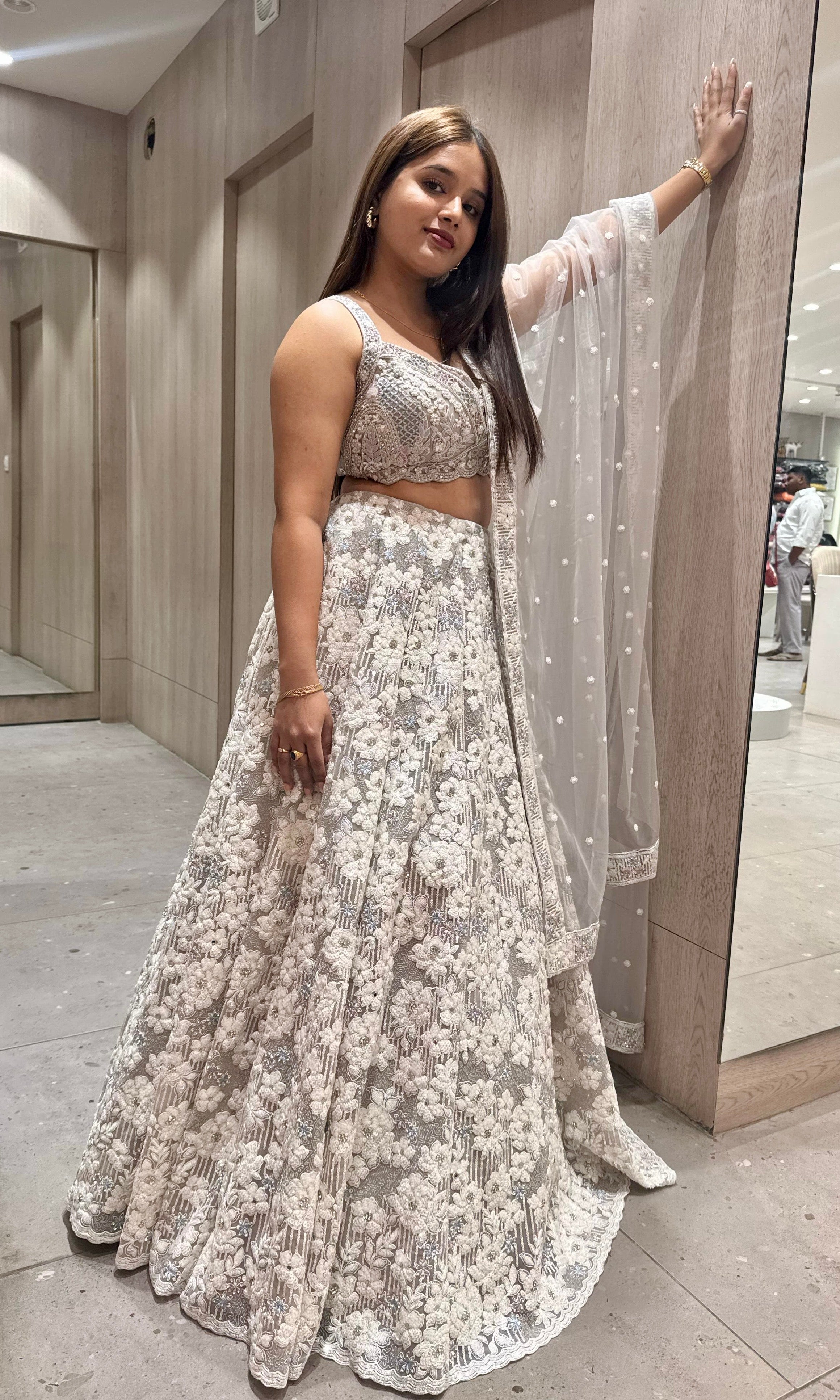 Grey Floral Lehenga with Intricate Parsi Work
