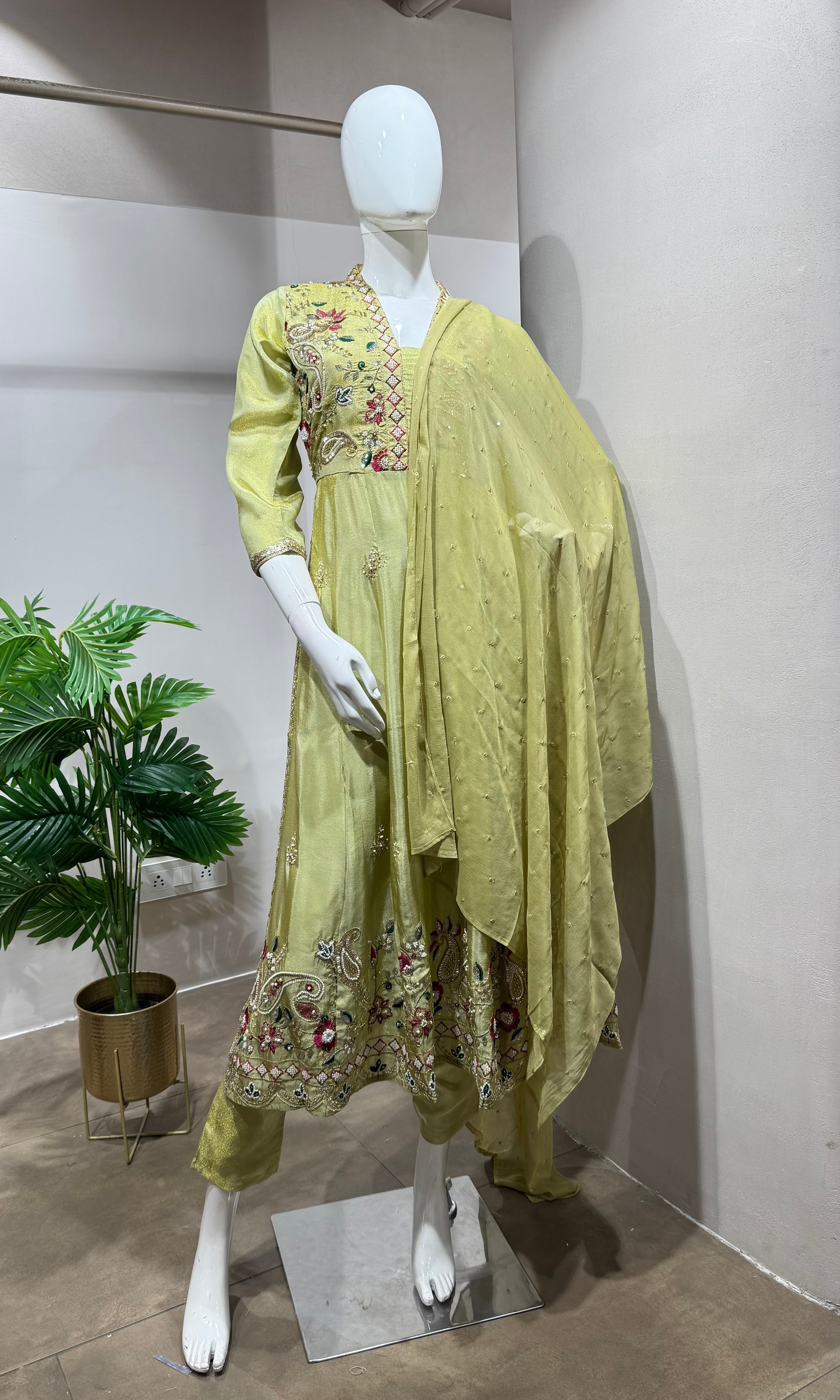 Pista Green Floral design Anarkali kurta set