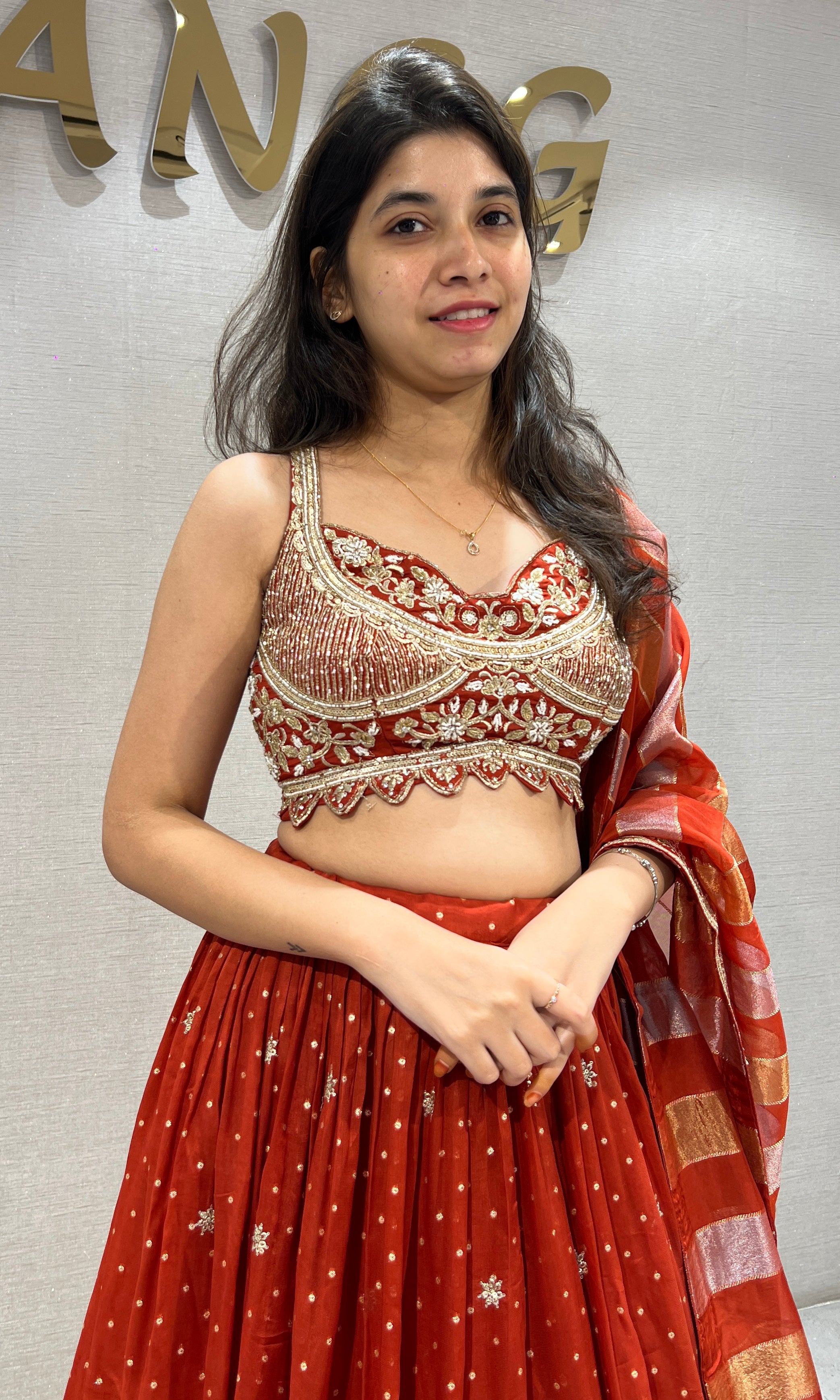 Rust golden Lehenga Set with Striped Dupatta