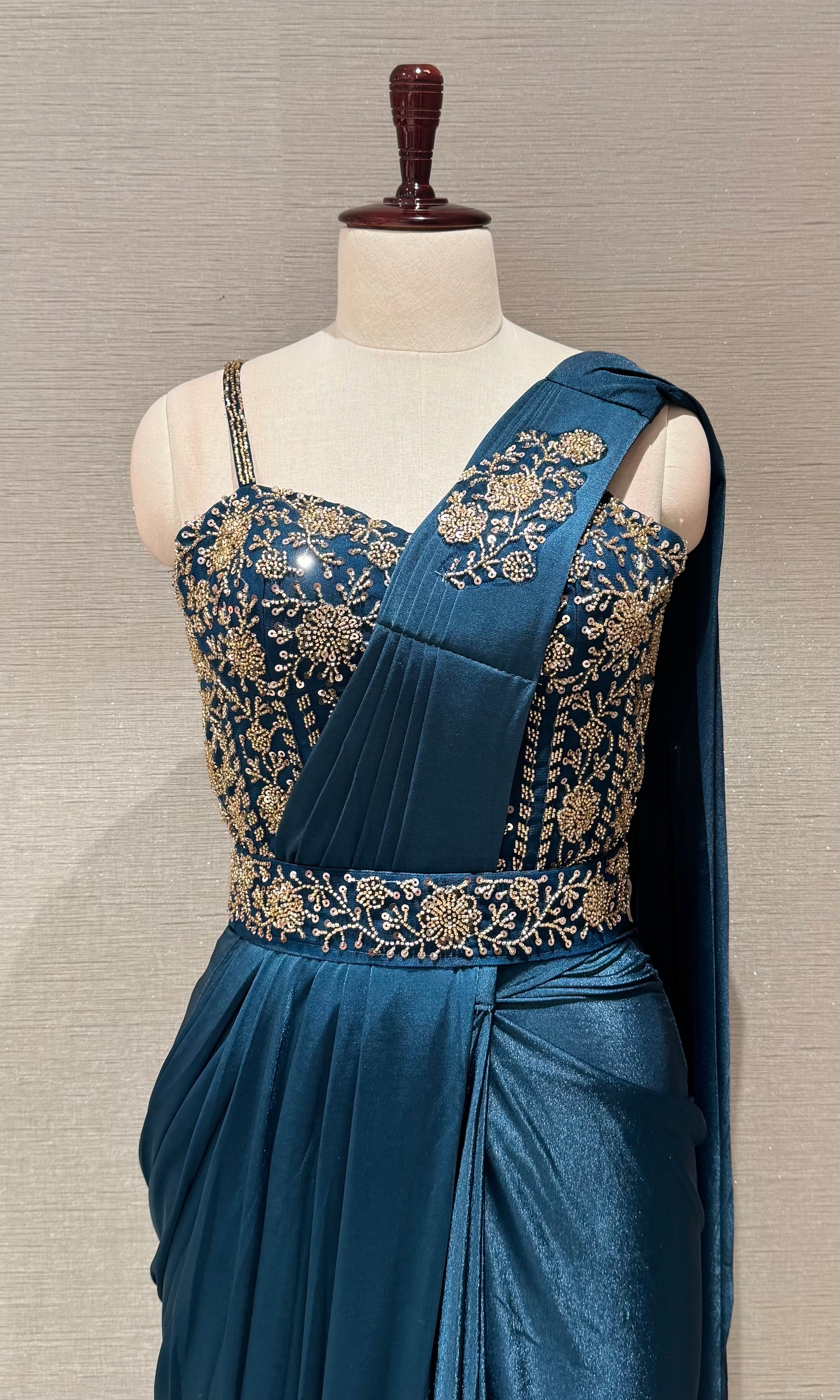 Blue Drape saree with embellished corset blouse