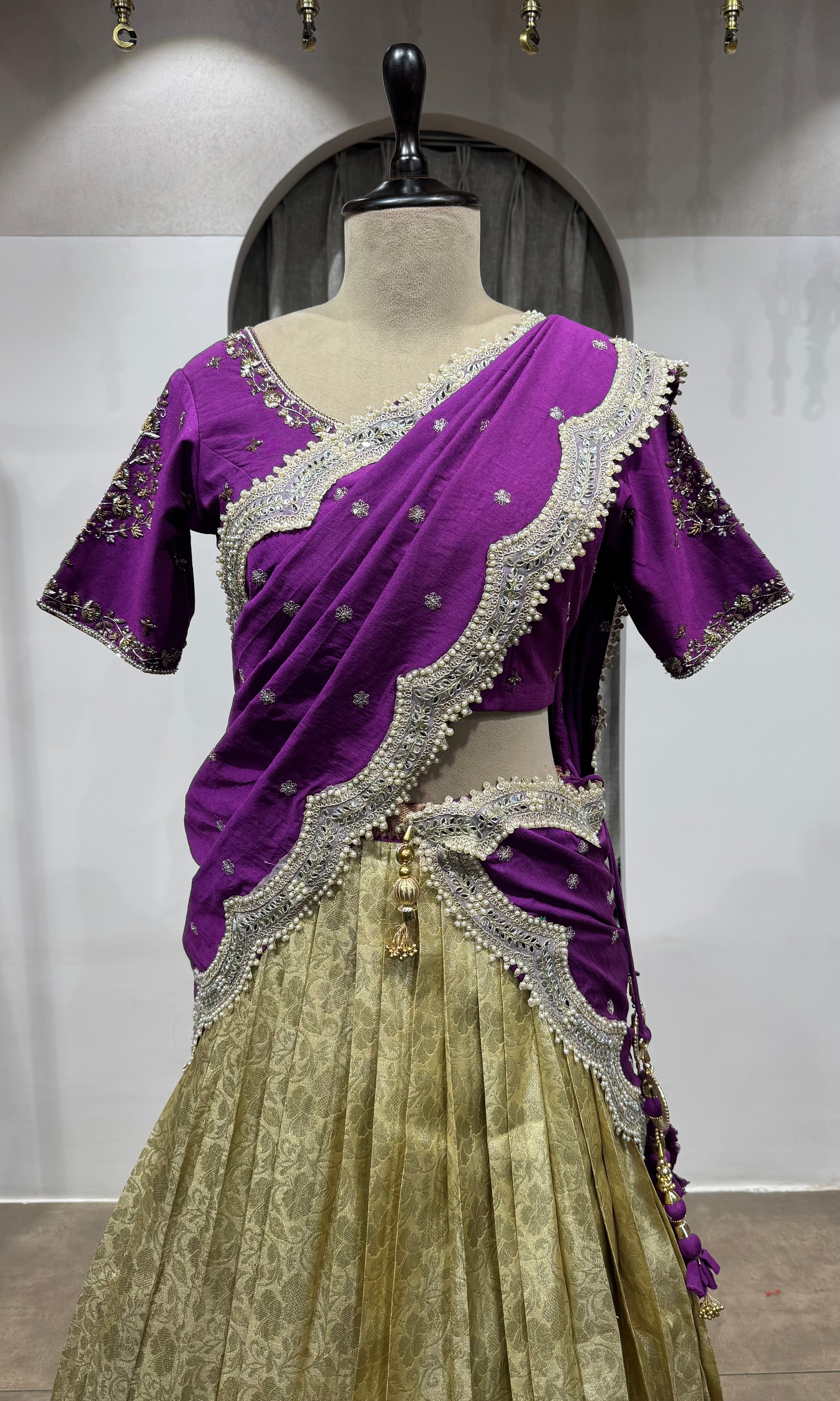 WINE and cream kanjivaram pattu lehenga