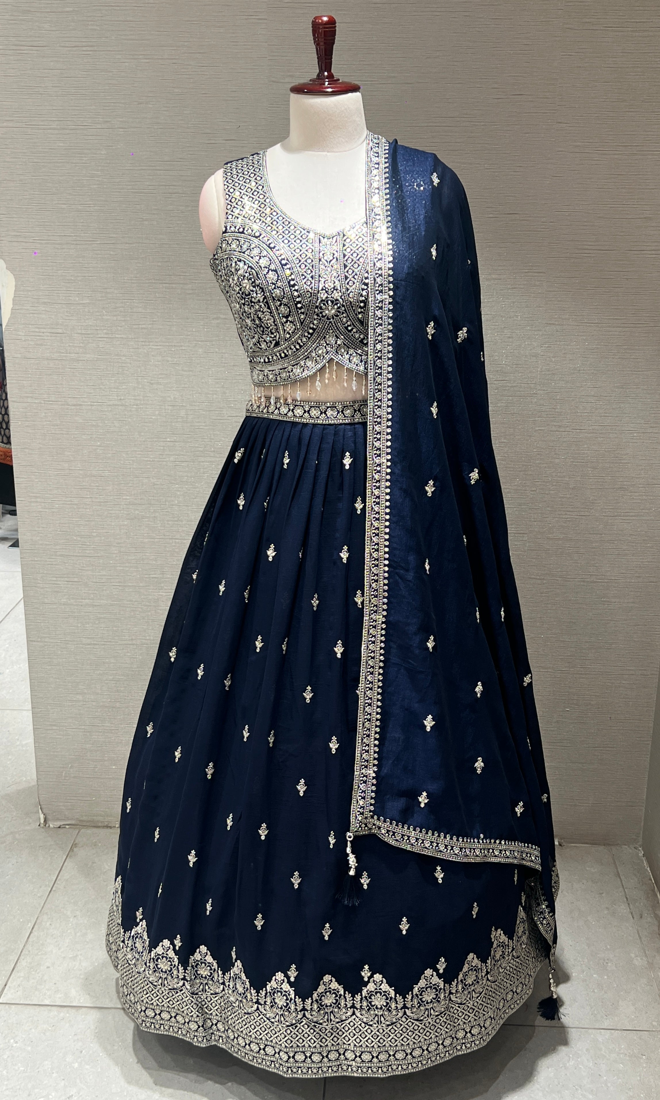 Navy Blue Heavy Mirror Embroidered Lehenga