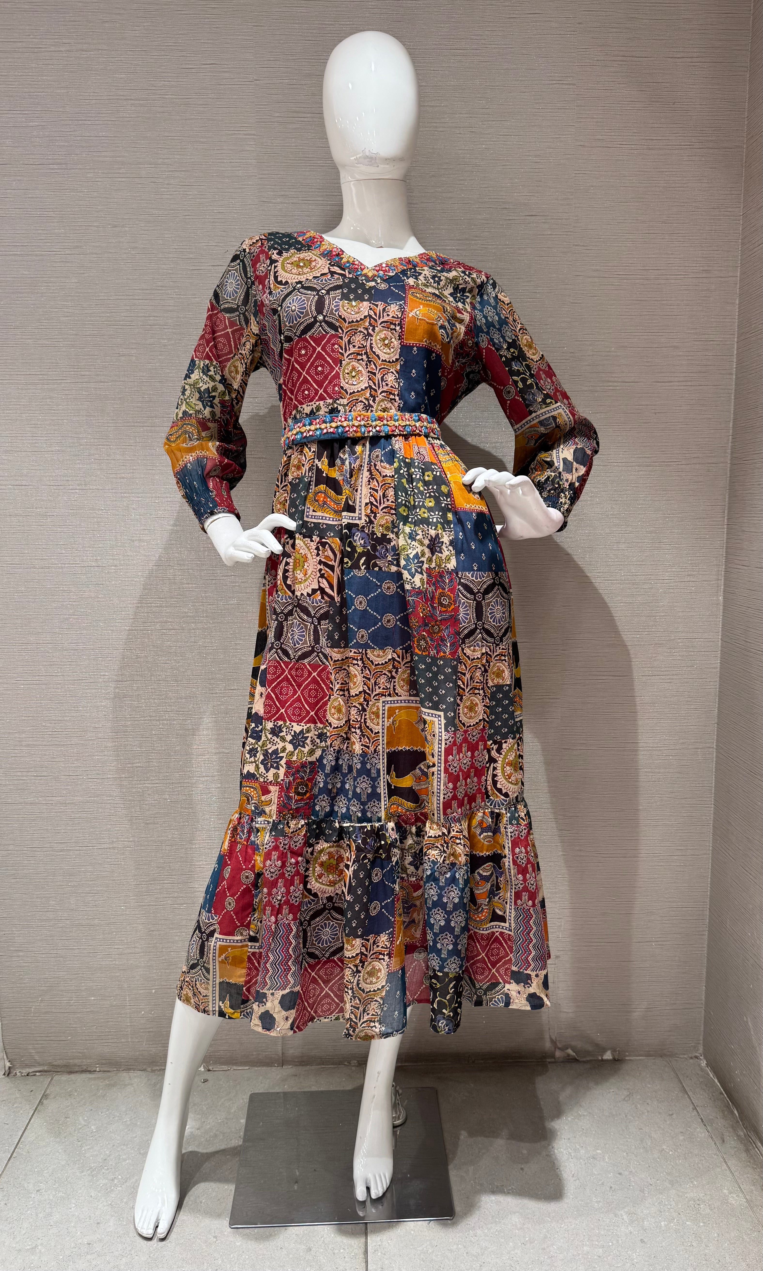 BROWN multicolor patchwork print frock