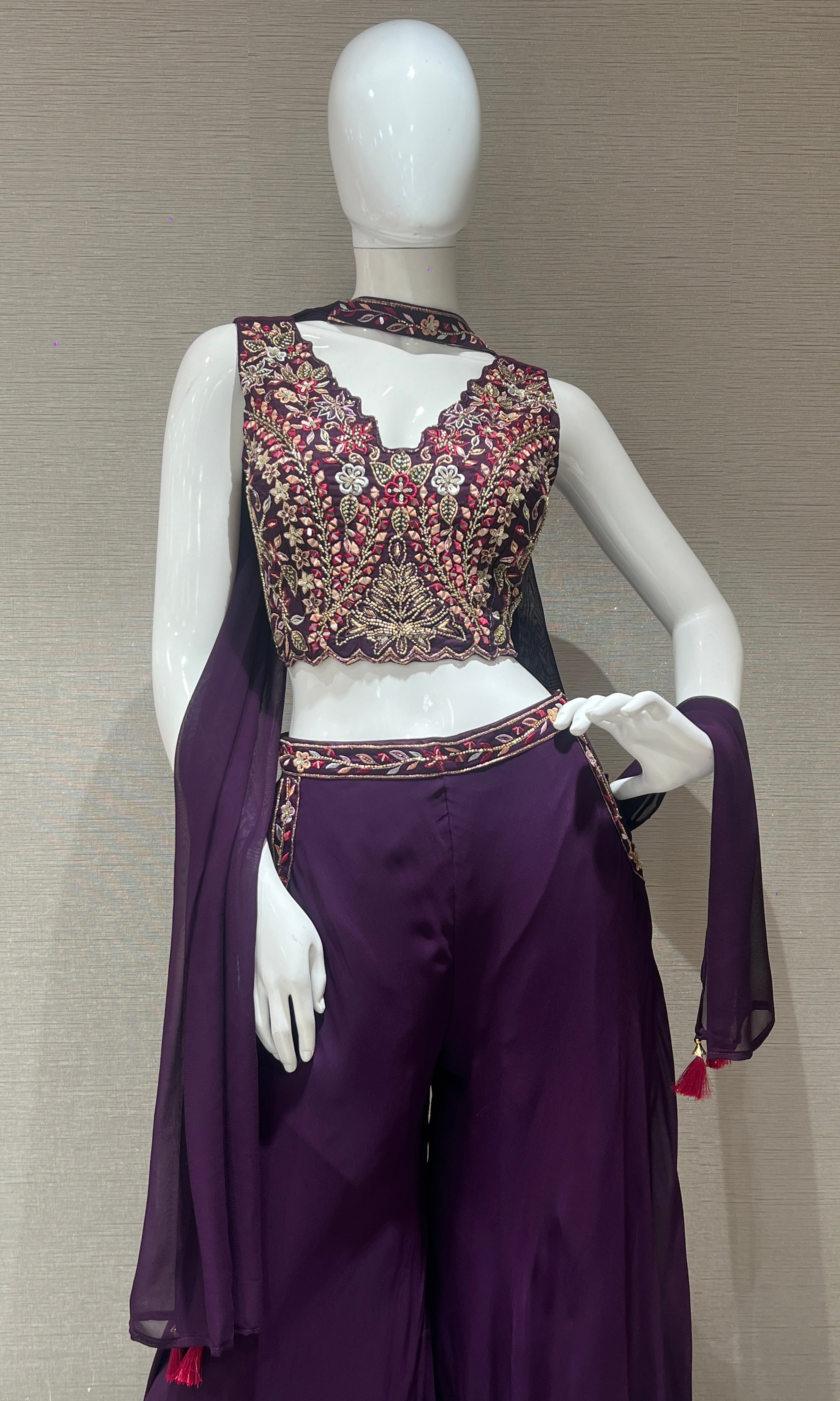 Wine palazzo set with neck dupatta