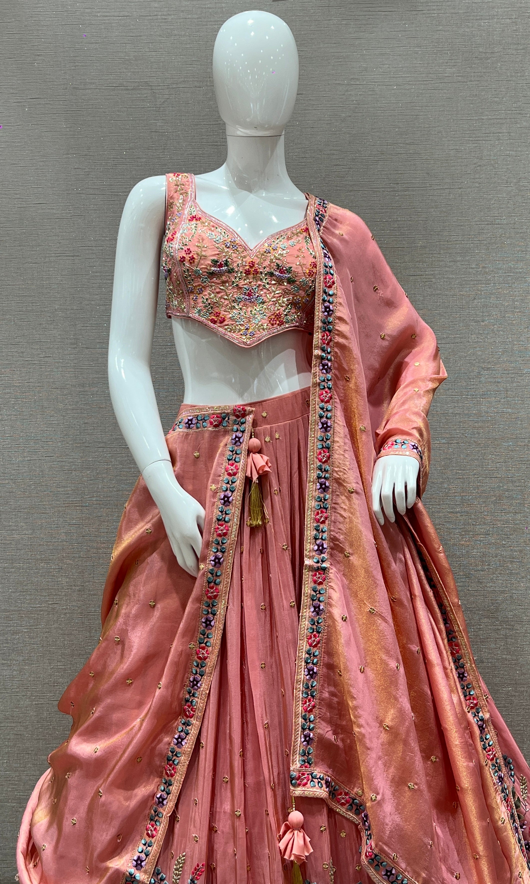 Designer Peach Floral Embroidery Lehenga