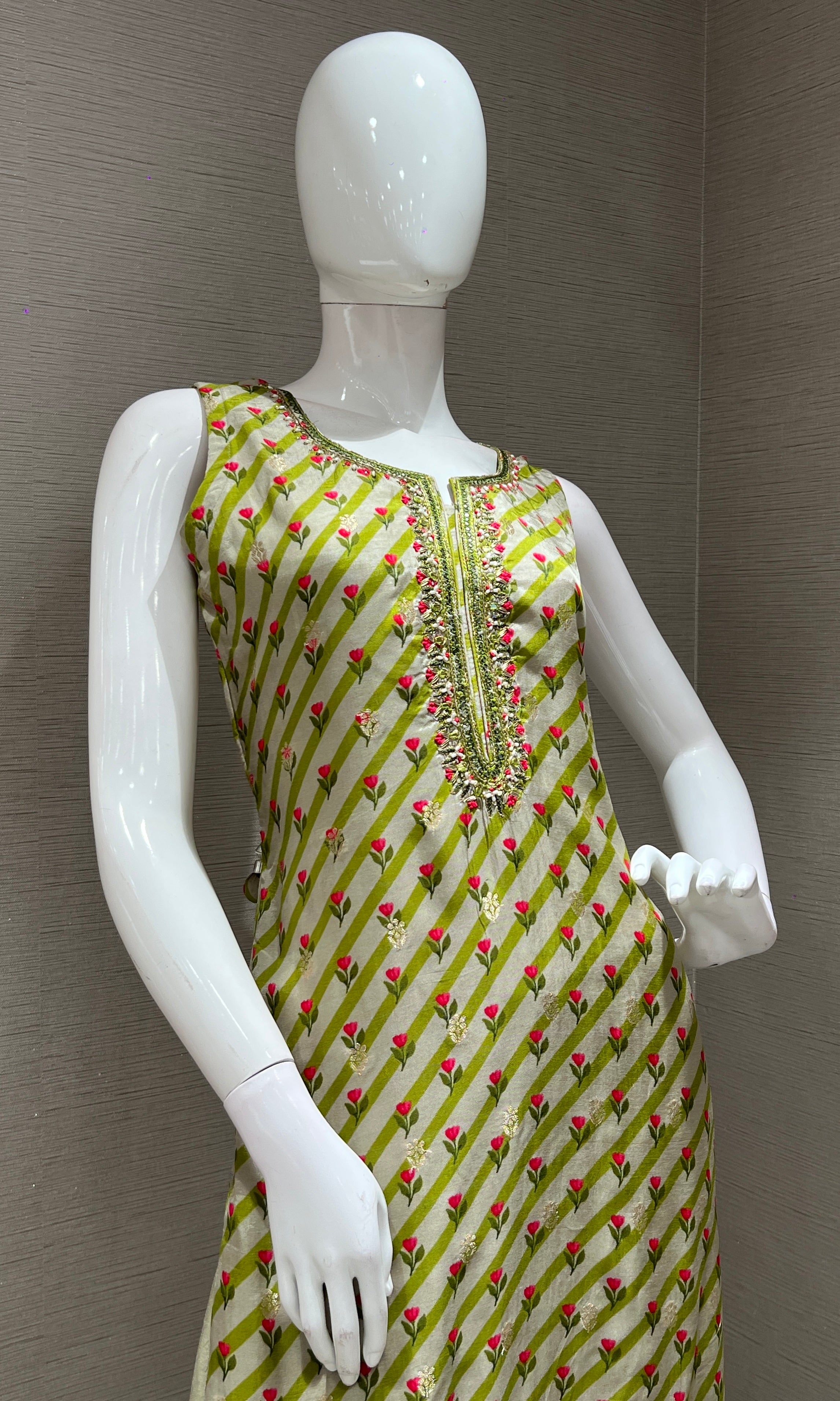 Green kurta set with floral dupatta