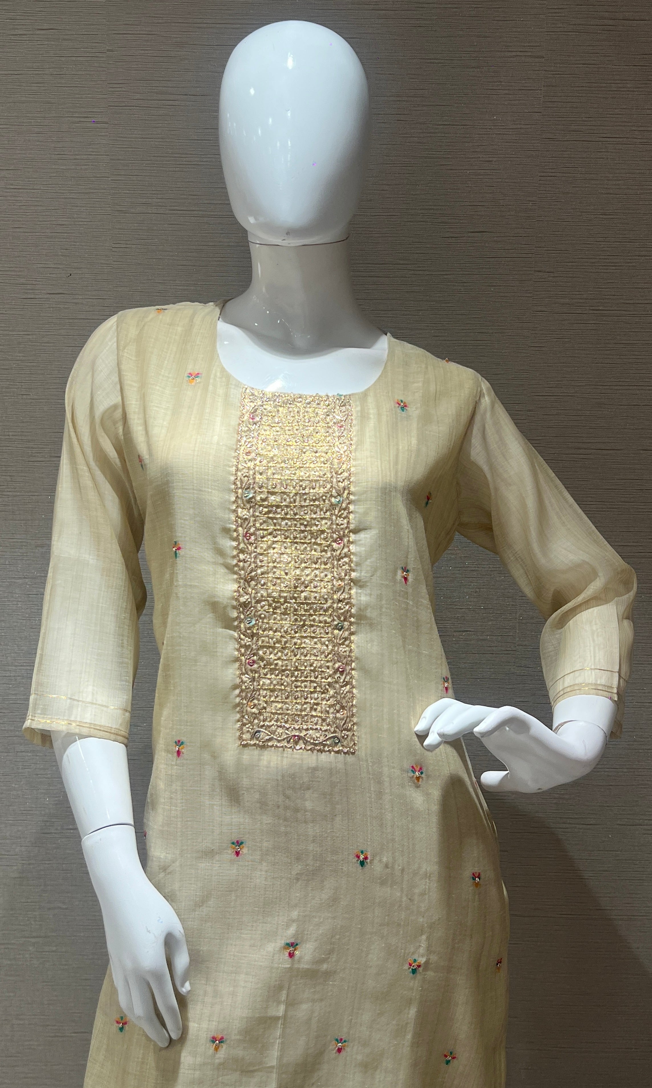Cream Embroidered Kurta Set with Floral Dupatta
