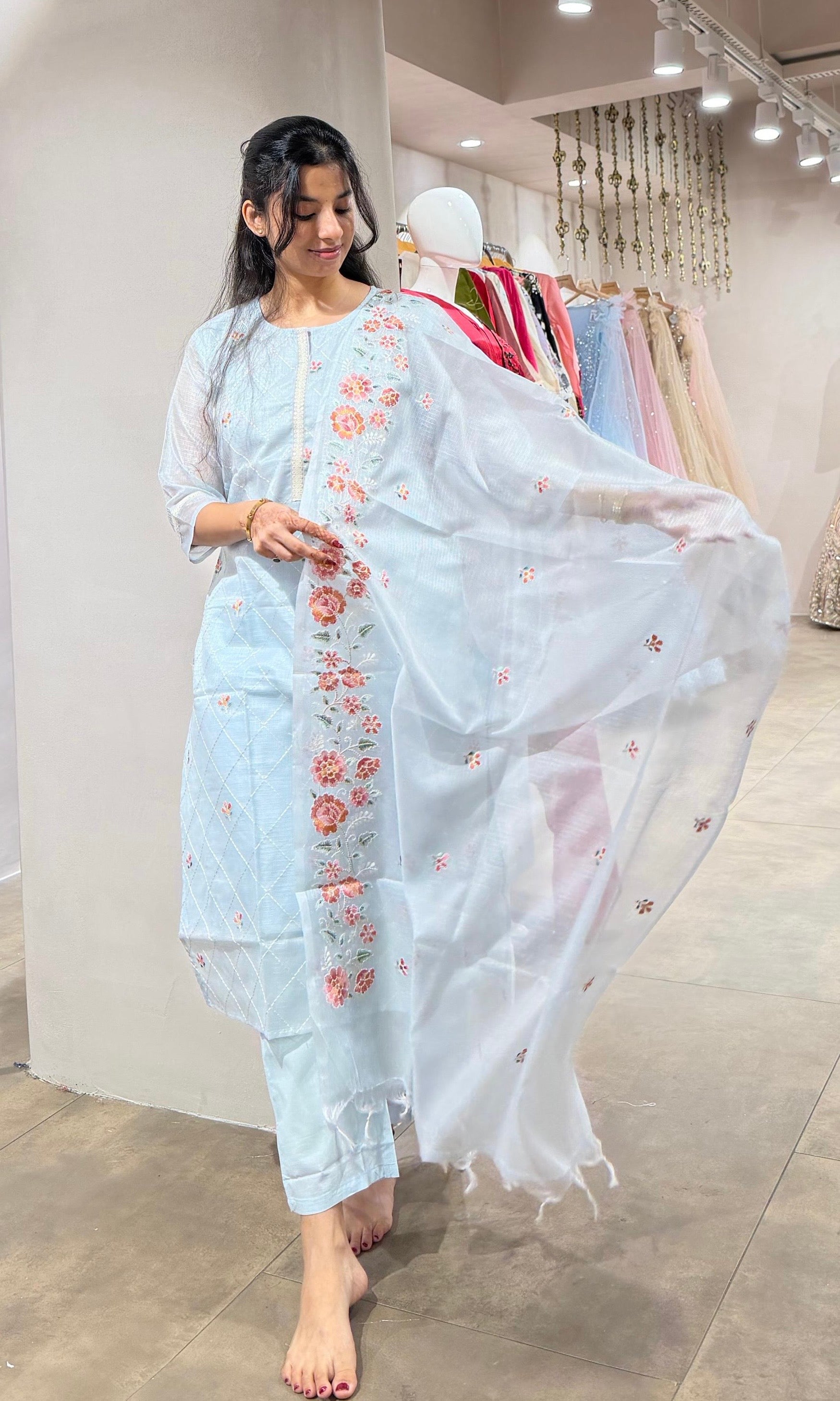 Sea blue FLORAL MOTIF kurta set