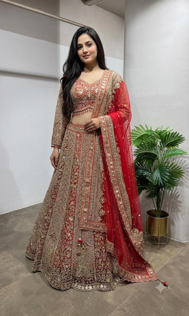 Red golden embroidery bridal lehenga