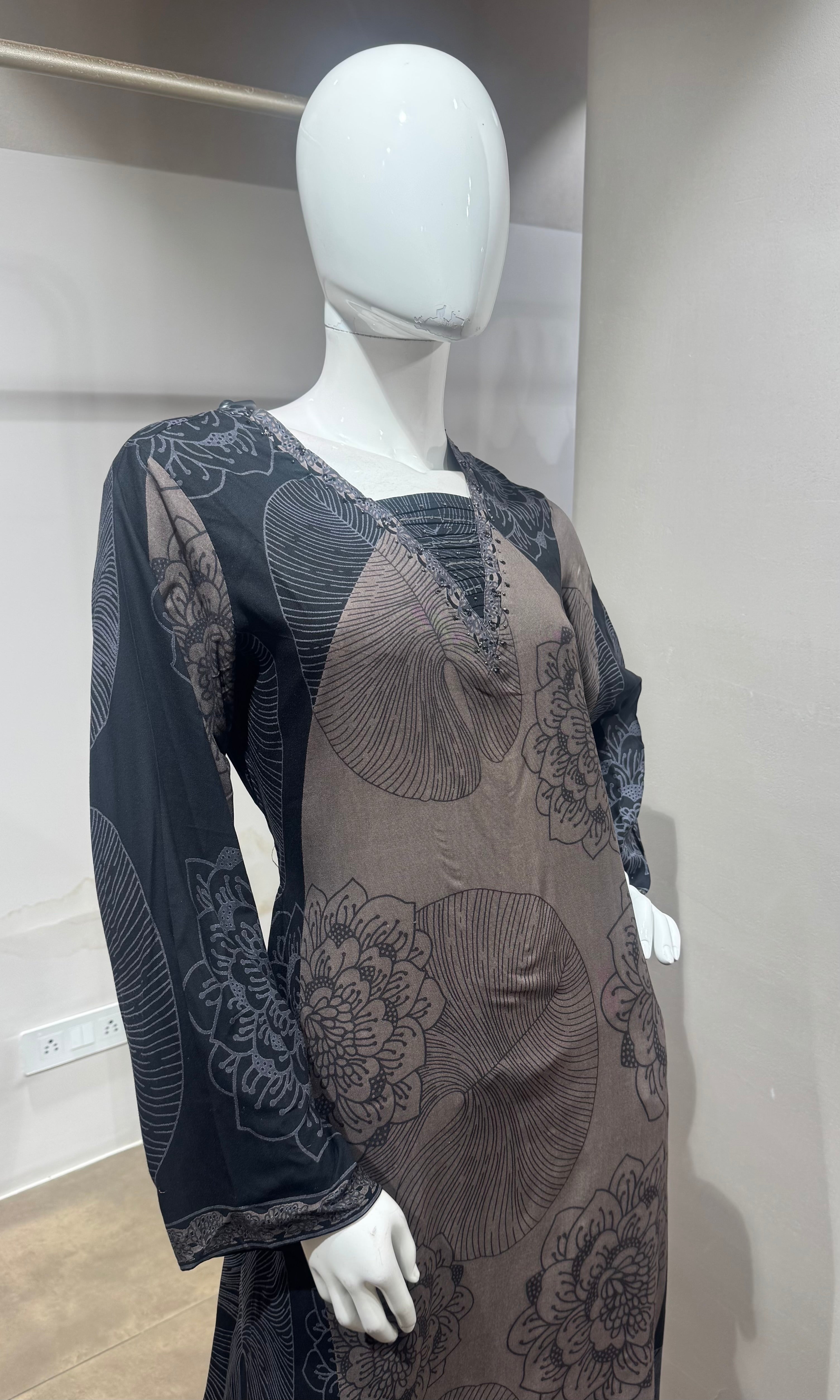 Grey Charcoal Damask Layered Kurta Set