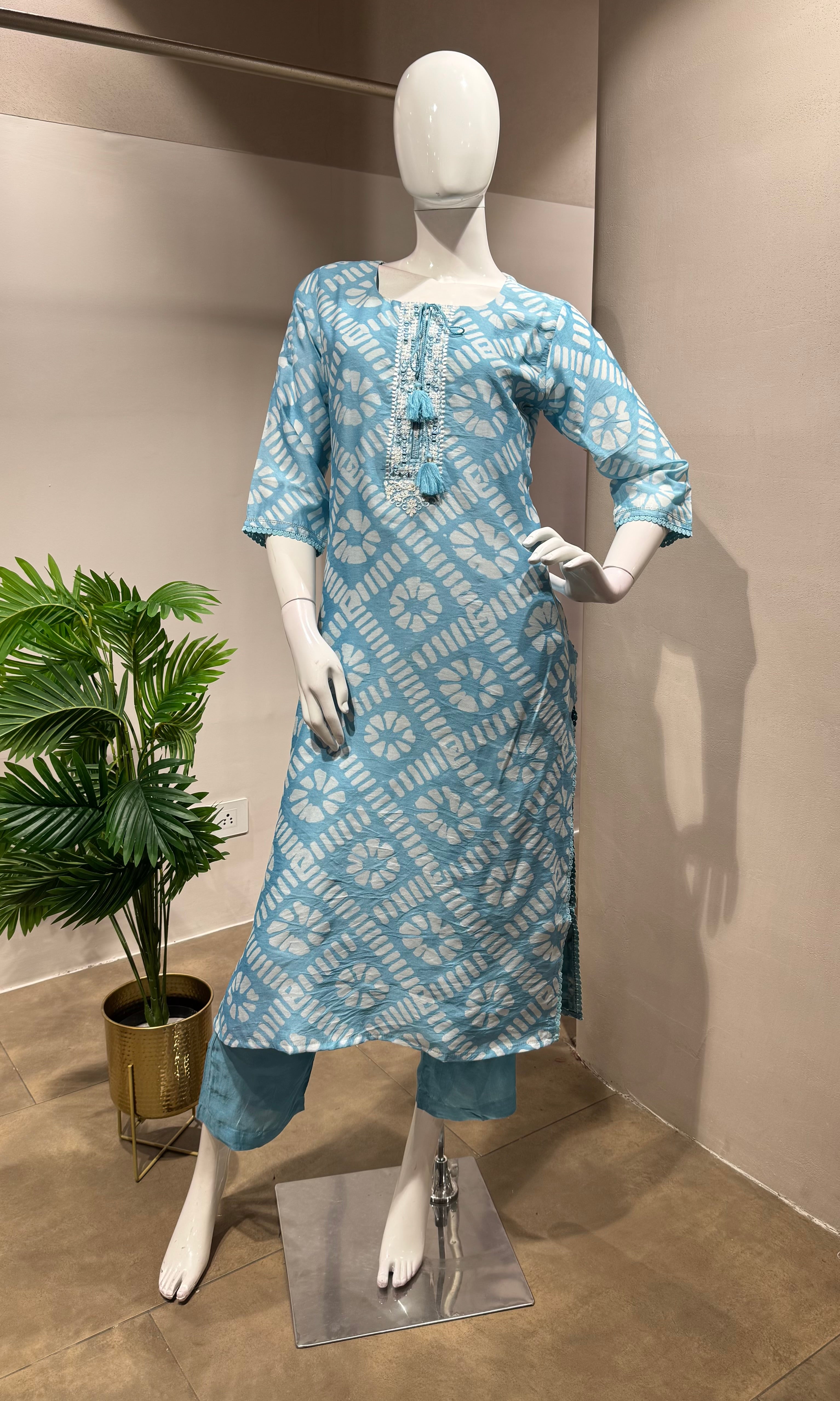 BLUE PRINTED EMBROIDERED KURTA SET