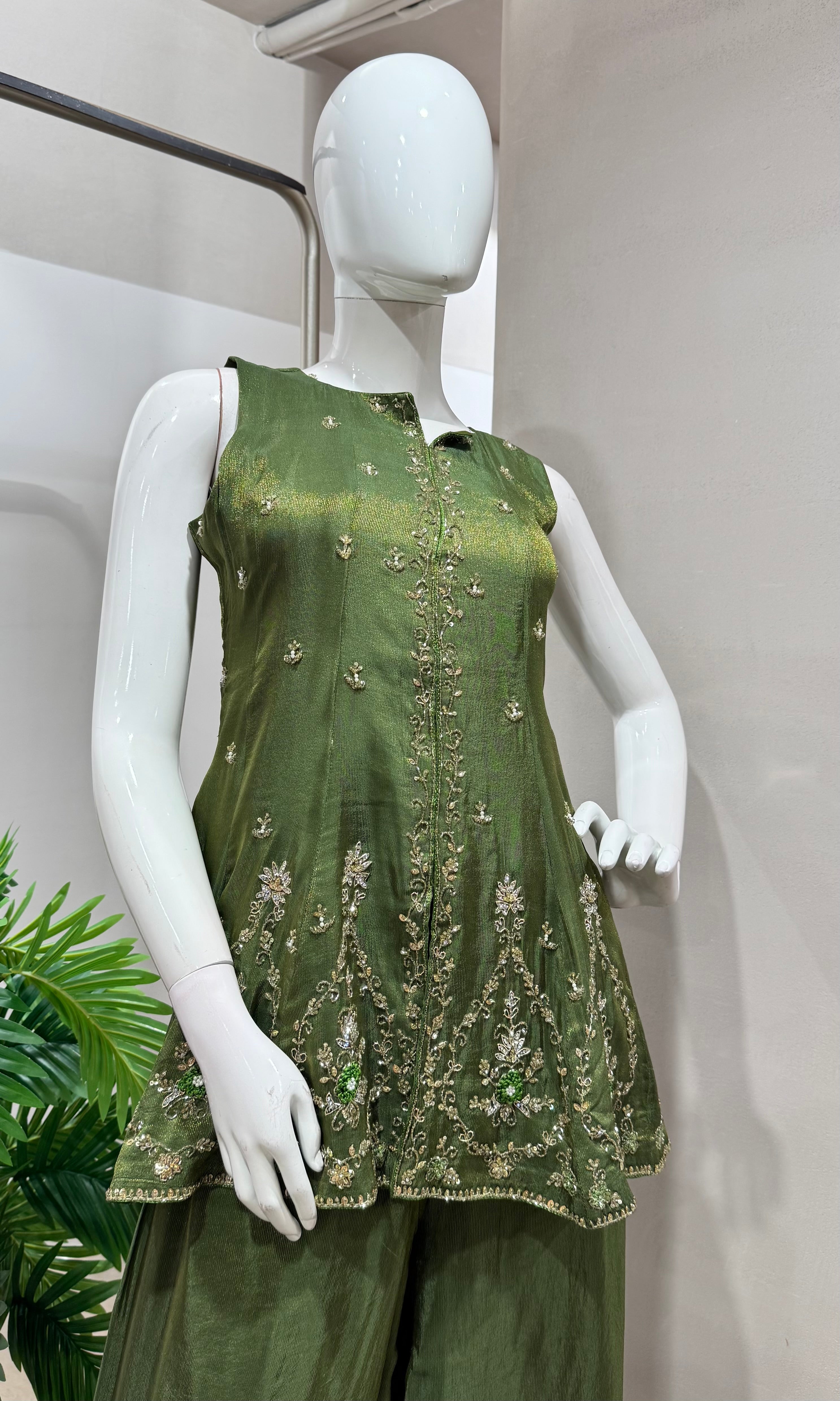 Green gold embroidered palazzo set