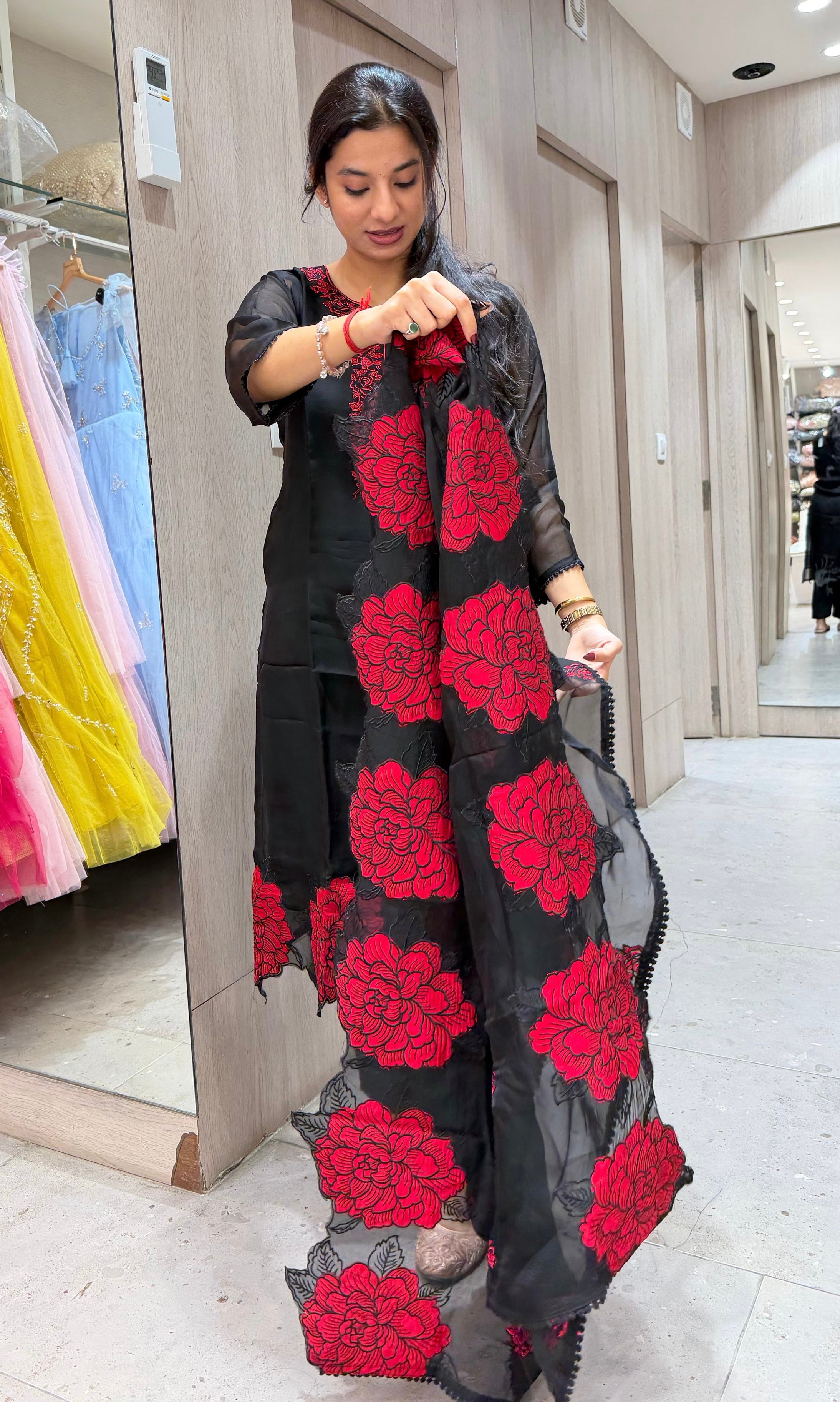 Black RED FLORAL EMBROIDERED kurta set