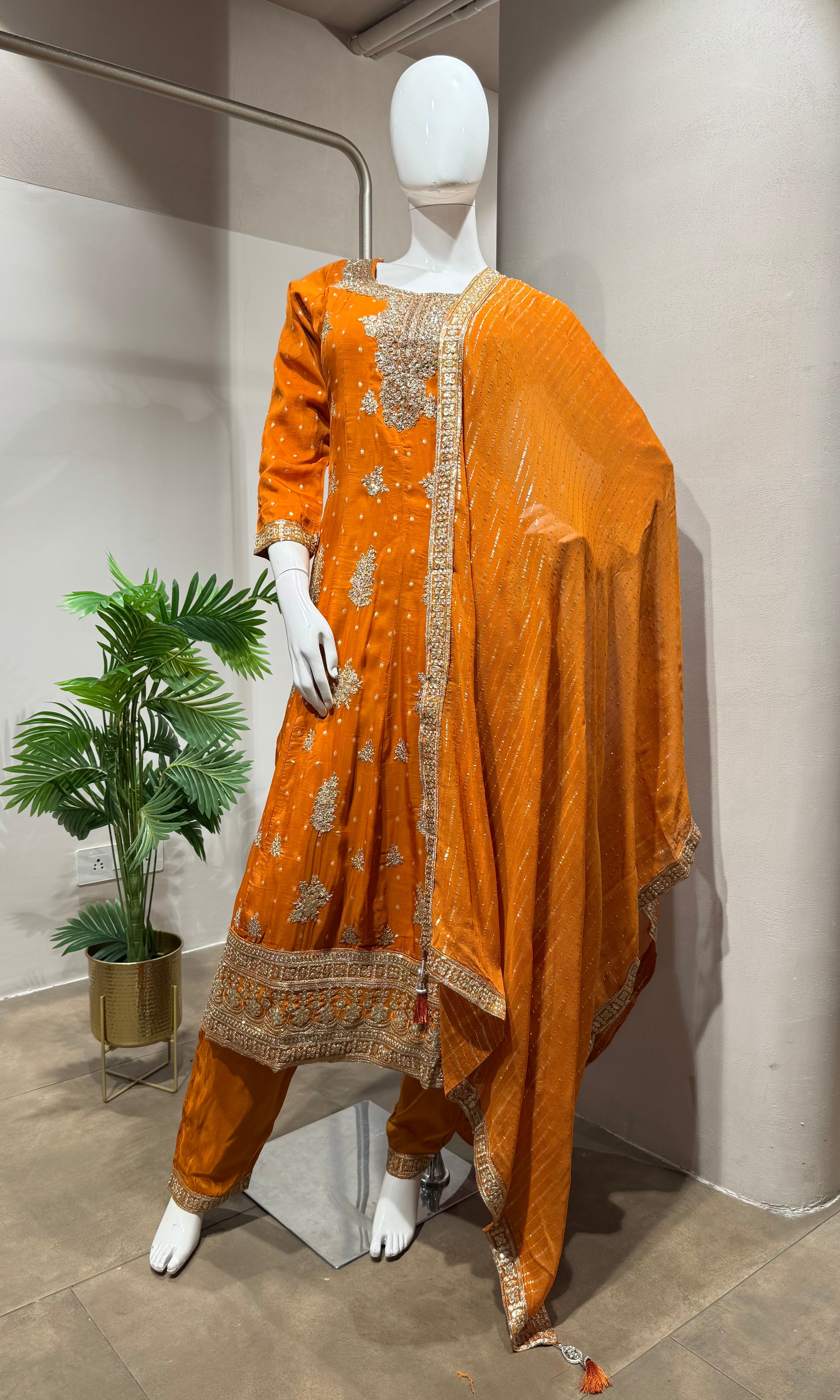 RUST Gold Embroidered Anarkali set