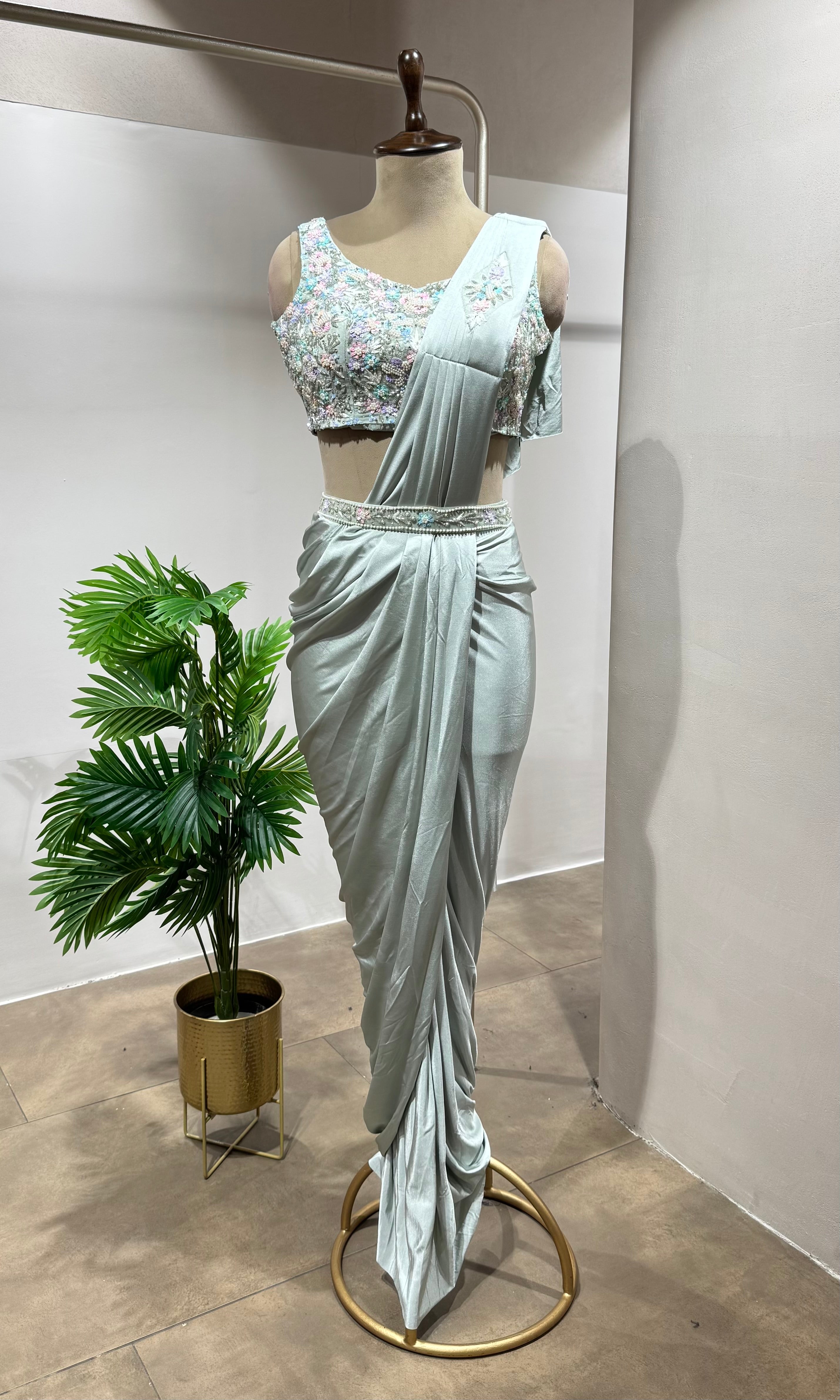 GREEN DRAPE SAREE WITH EMBELLISHED BLOUSE